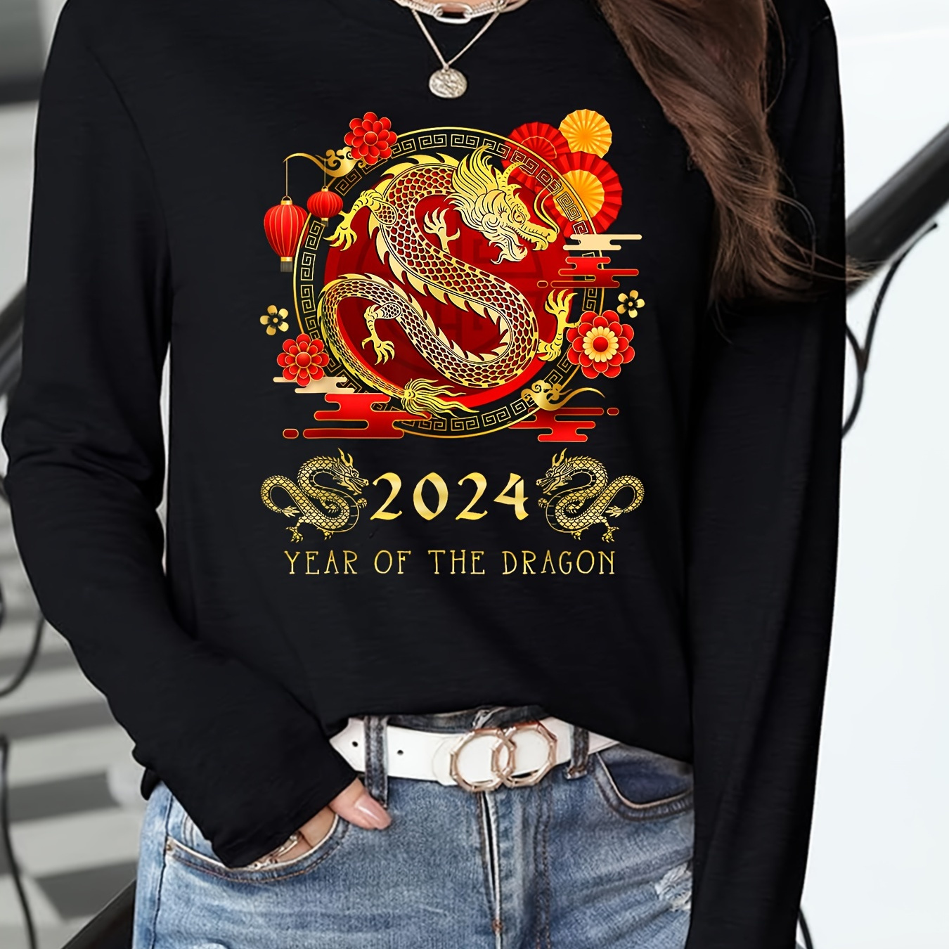 

Chinese New Year Dragon Print T-shirt, Casual Long Sleeve Crew Neck T-shirt, Women's Clothing
