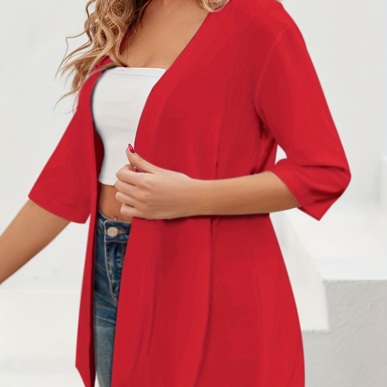 

Plus Size Casual Cardigan, Women's Plus Solid Half Sleeve Open Front High Stretch Cardigan