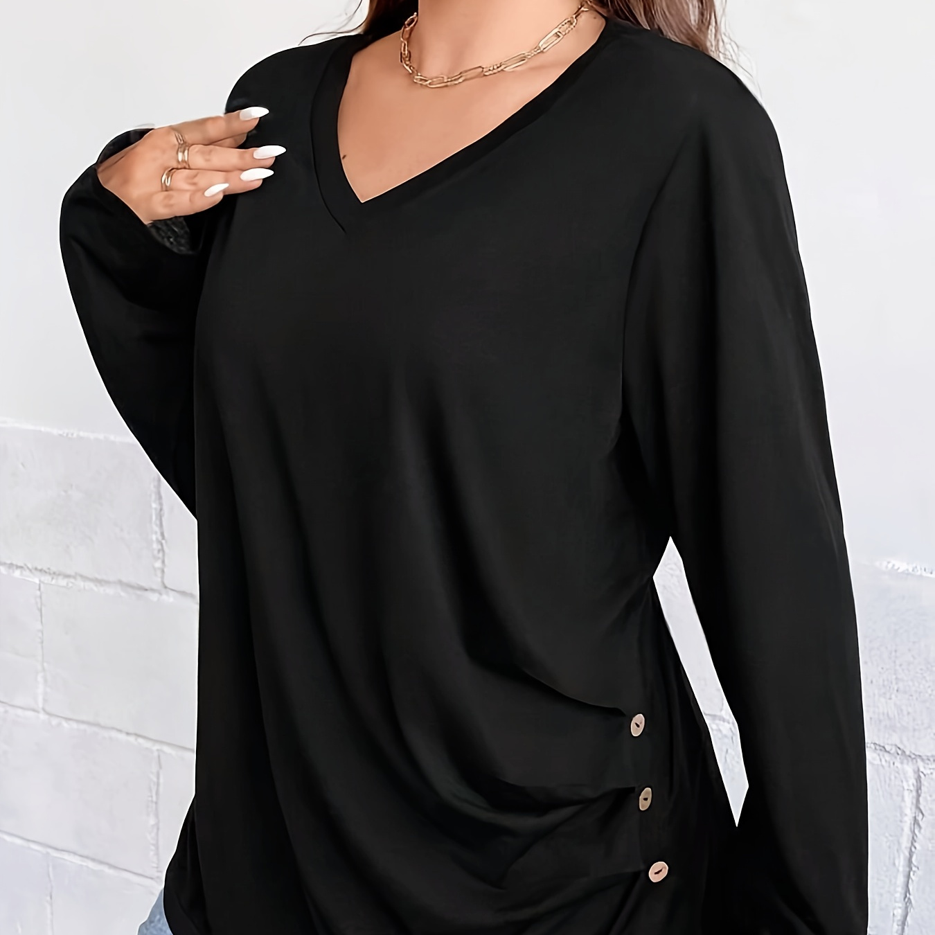 

Women's Chic Long Sleeve V-neck T-shirt - Elegant Black Knit Top With Decorative Buttons, Fall/