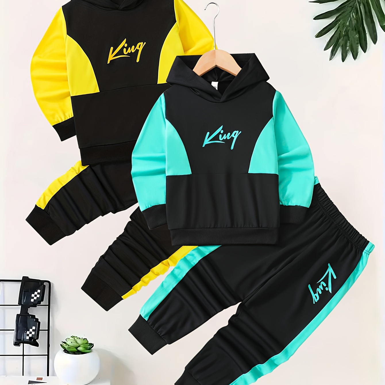 

Dresses - 2 Sets - Boys King Letter Print Long Sleeve Hoodies & Waist Long Pants Set For Spring And Autumn - 4pcs In Total