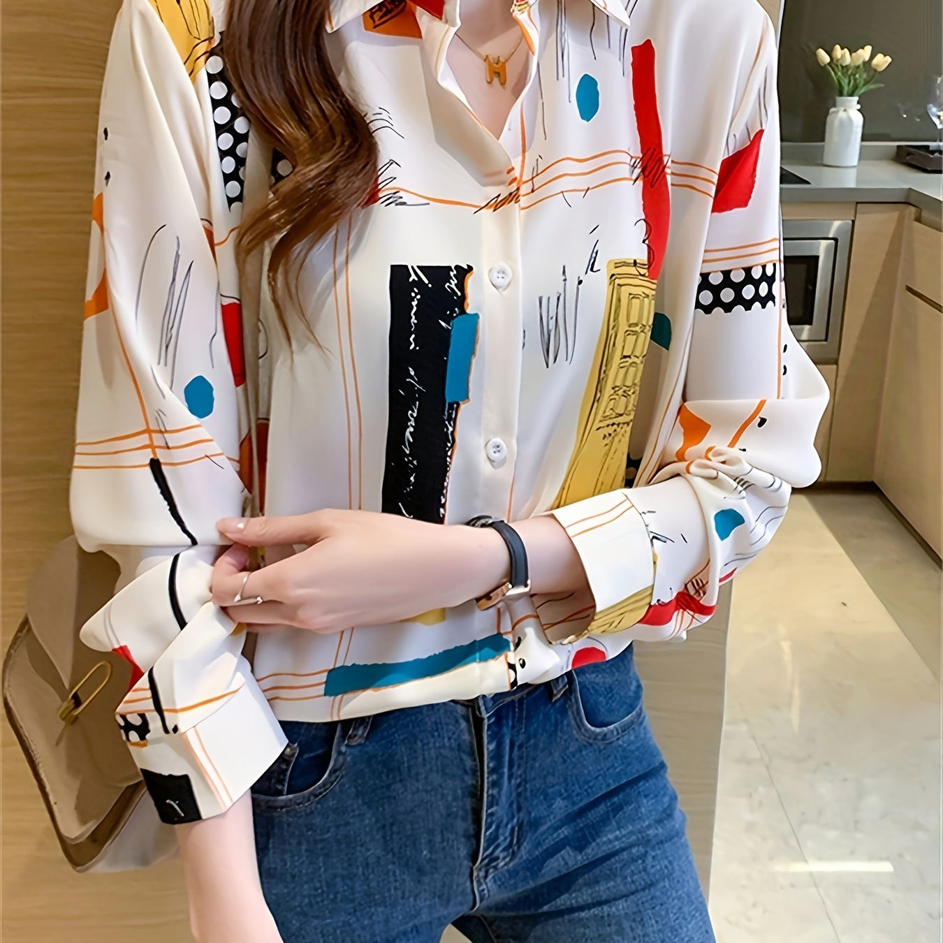 

Colorblock Graphic Print Polo Collar Button Shirt, Casual Long Sleeve Shirt For Spring & Fall, Women's Clothing
