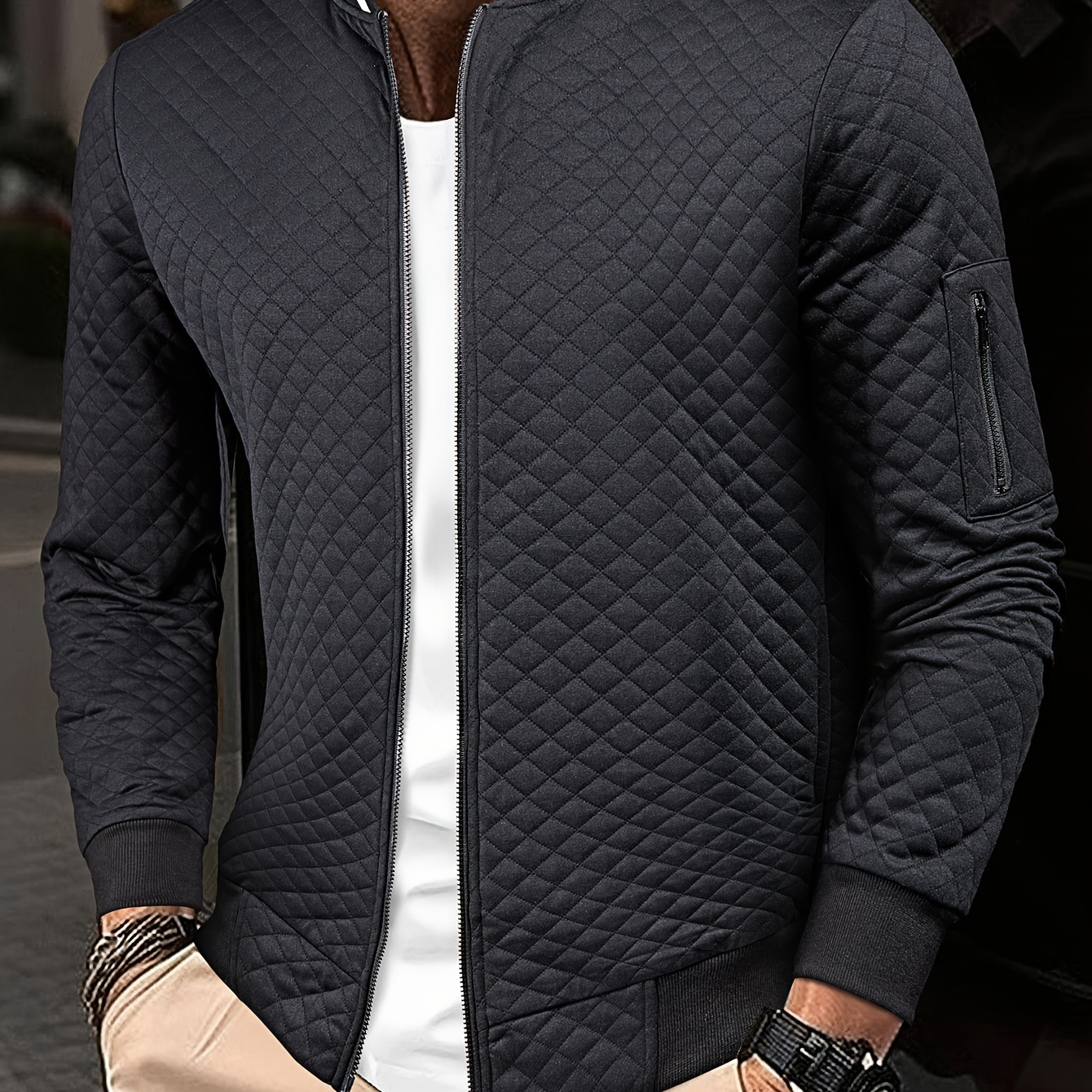 

Men's Rhombus Textured Baseball Jacket, Casual Stylish Coat Spring And Autumn Outdoor Clothes