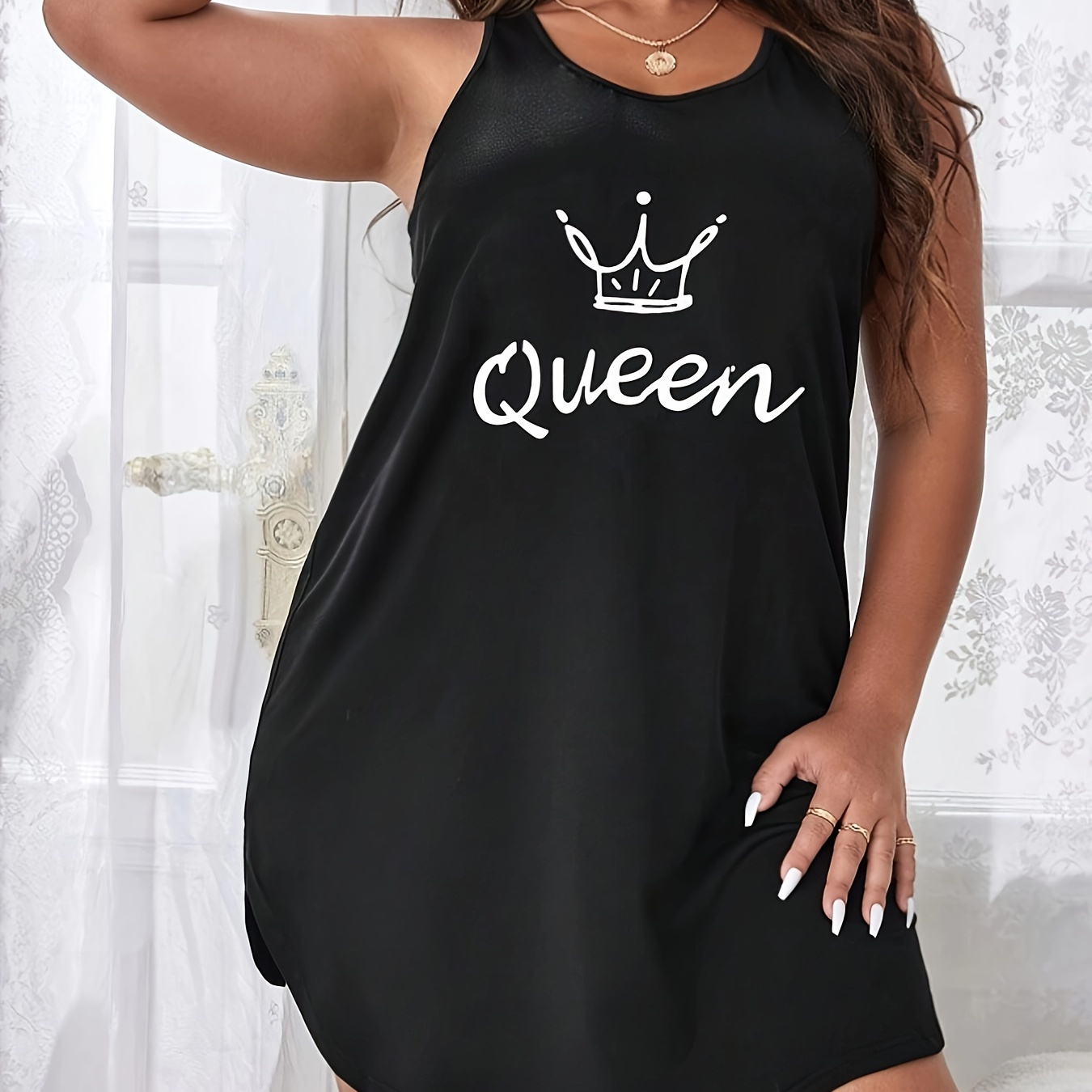 

Women's Casual Nightdress, Plus Size Crown & Letter Print Scoop Neck Tank Sleep Dress