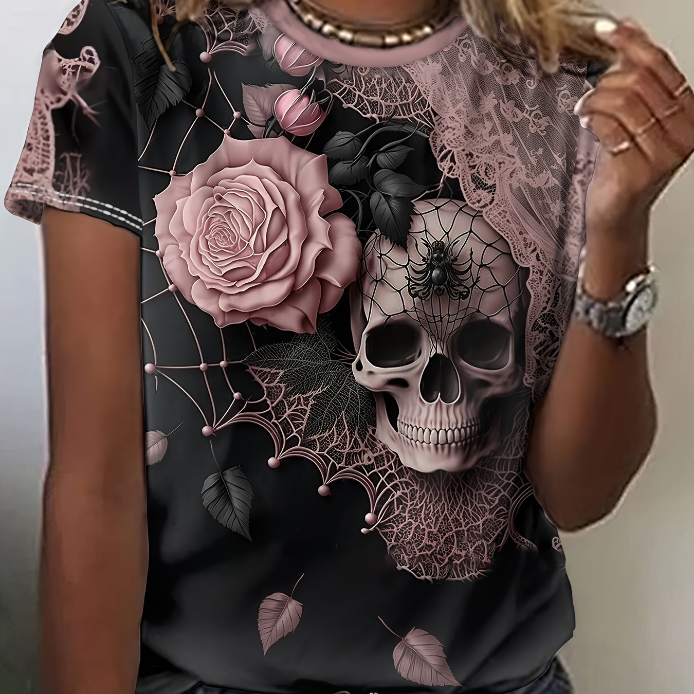 

Floral & Skull Print T-shirt, Casual Short Sleeve Crew Neck Top For Spring & Summer, Women's Clothing