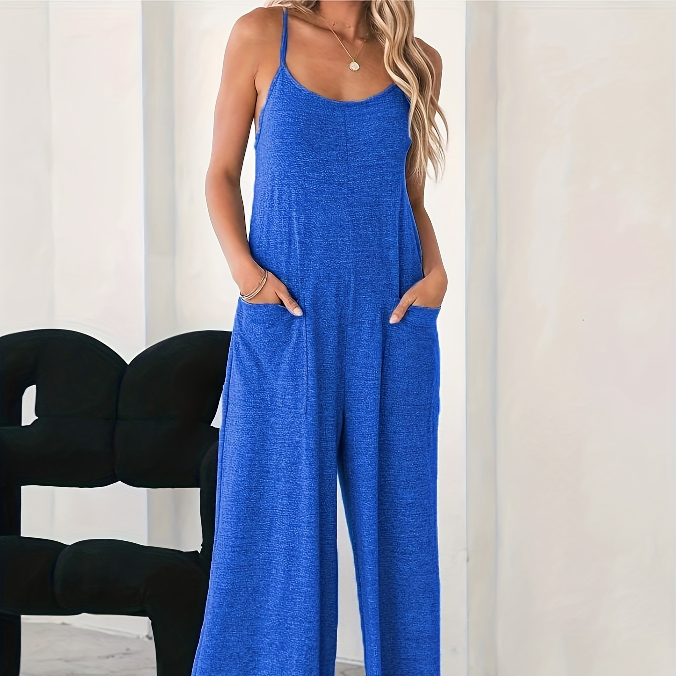 

Solid Patched Pockets Cami Jumpsuit, Casual Sleeveless Jumpsuit For Spring & Summer, Women's Clothing