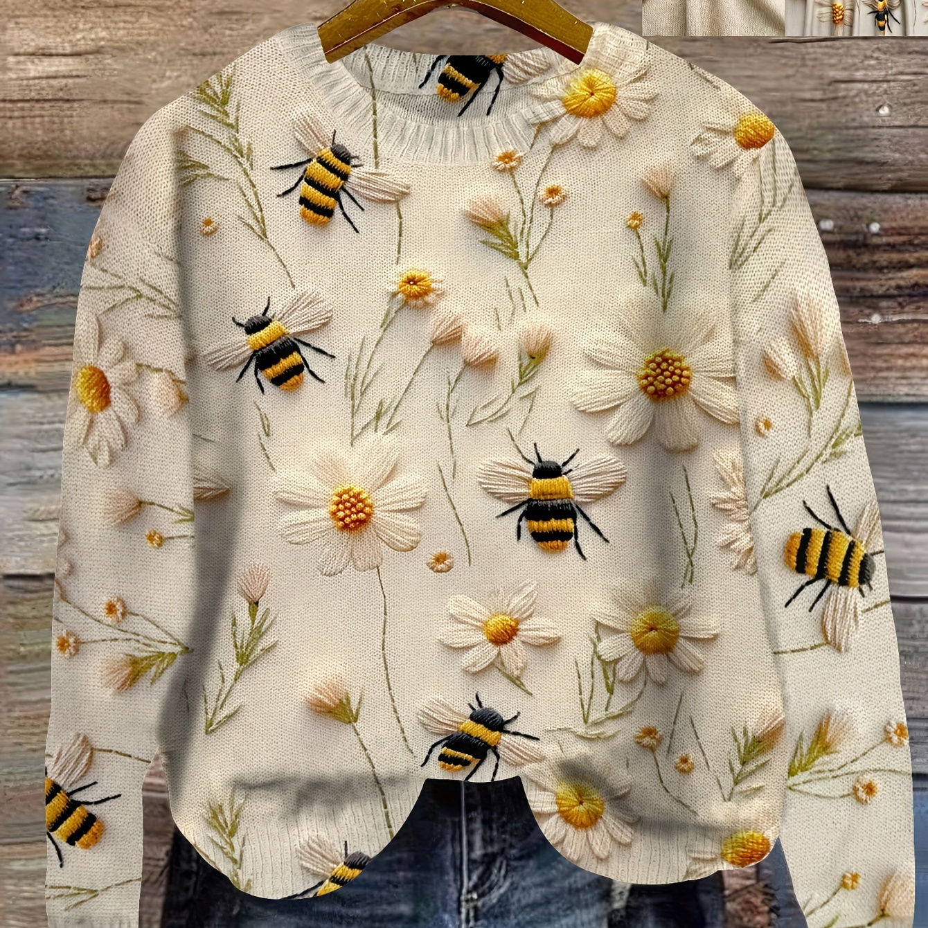 

Flower & Bee Pattern Sweater, Versatile Crew Neck Long Sleeve Sweater For Spring & Fall, Women's Clothing