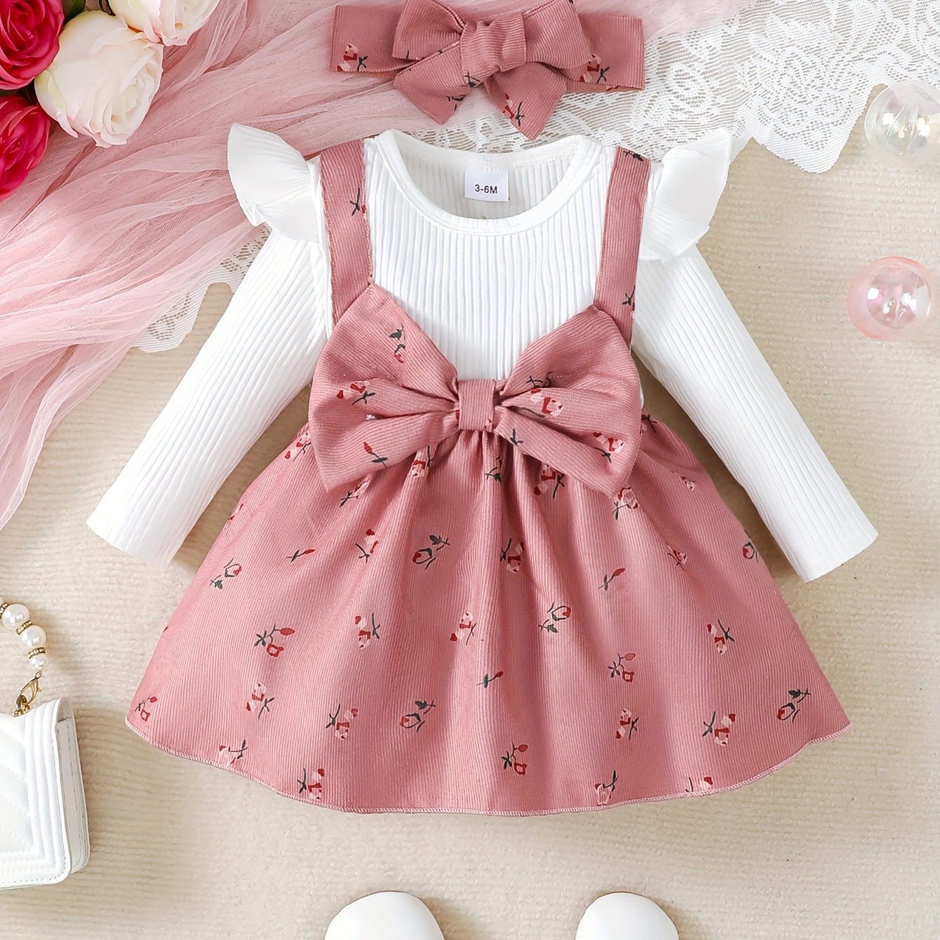 

Baby's Bow Decor Flower Pattern Faux Two-piece Long Sleeve Corduroy Dress, Infant & Toddler Girl's Dress For Daily Wear/holiday/party, As Gift