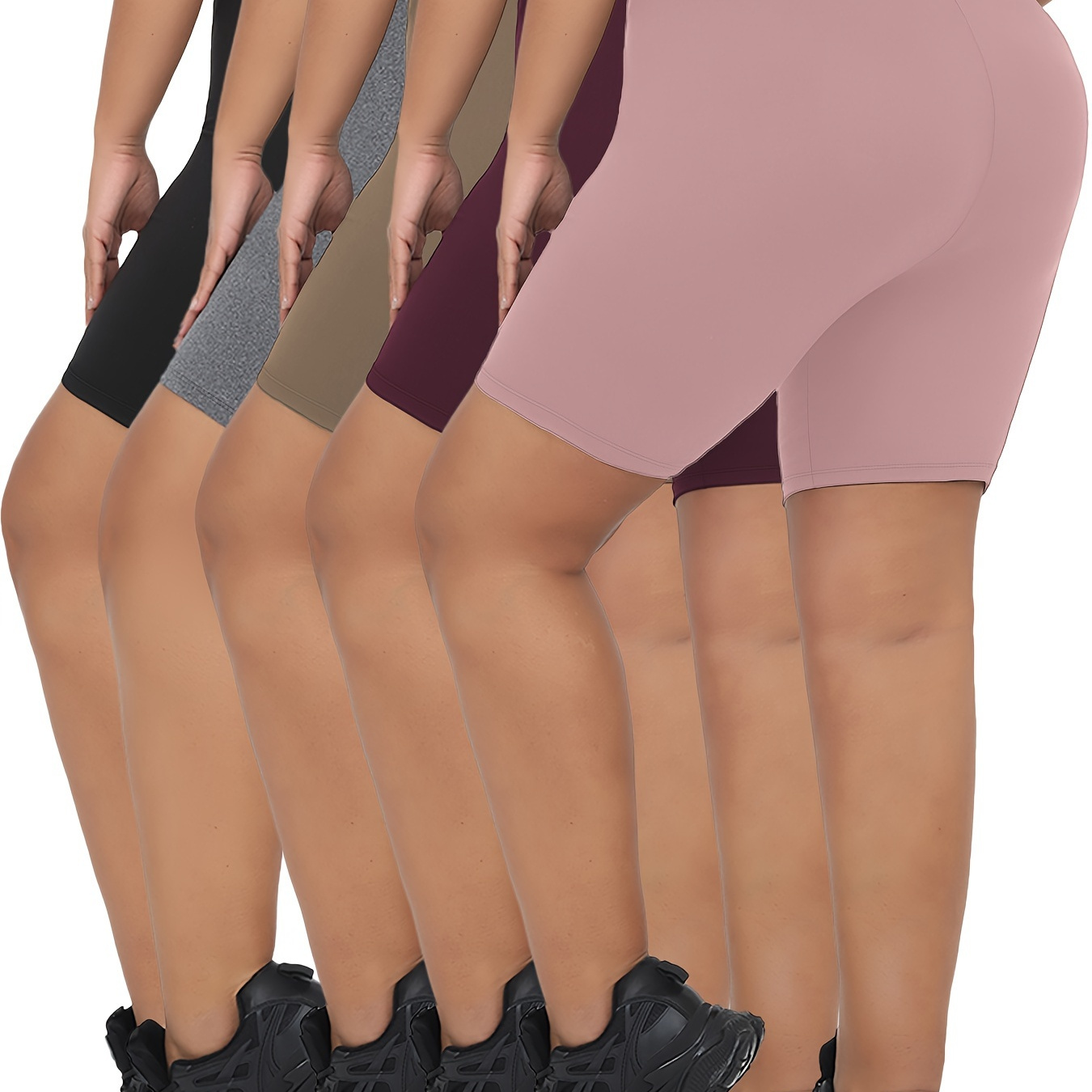 

5 Packs Women's Sports Shirt Set, Plus Size Plain High Stretch Comfy Soft Yoga Running Biker Shorts Spcs Set