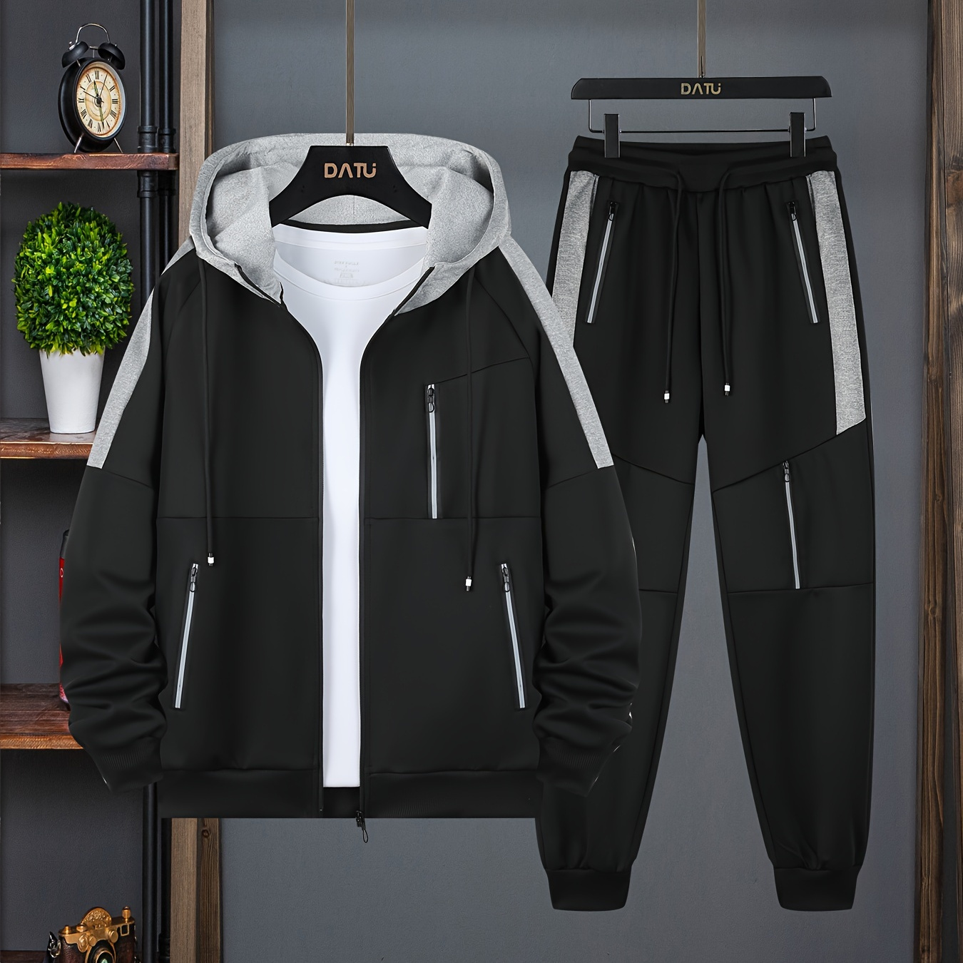 

Men's Casual 2-piece Outfit, Men' Zip-up Hoodie With Pockets, Drawstring Pants