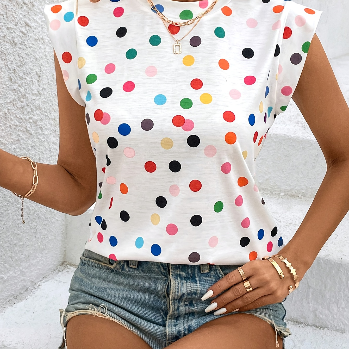 

Polka Dot Crew Neck T-shirt, Casual Cap Sleeve T-shirt For Spring & Summer, Women's Clothing