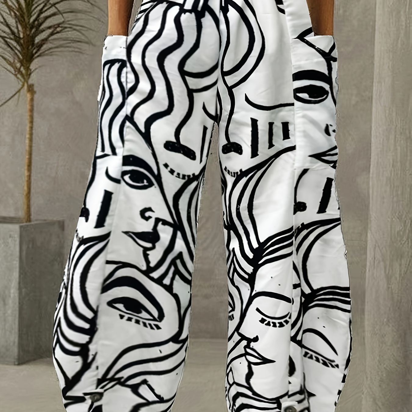 

Abstract Figure Print Wide Leg Pants, Casual Elastic Waist Baggy Pants With Pocket, Women's Clothing
