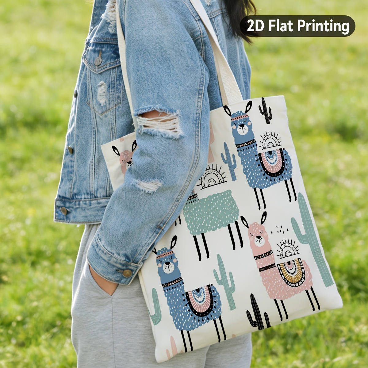 TEMU 2d Flat 1pc Cute Cartoon Llama Cactus Reusable Tote Bag, Duplex Prints Adorable Alpaca Desert Plants, Ideal For Grocery Shopping, Beach Trips,