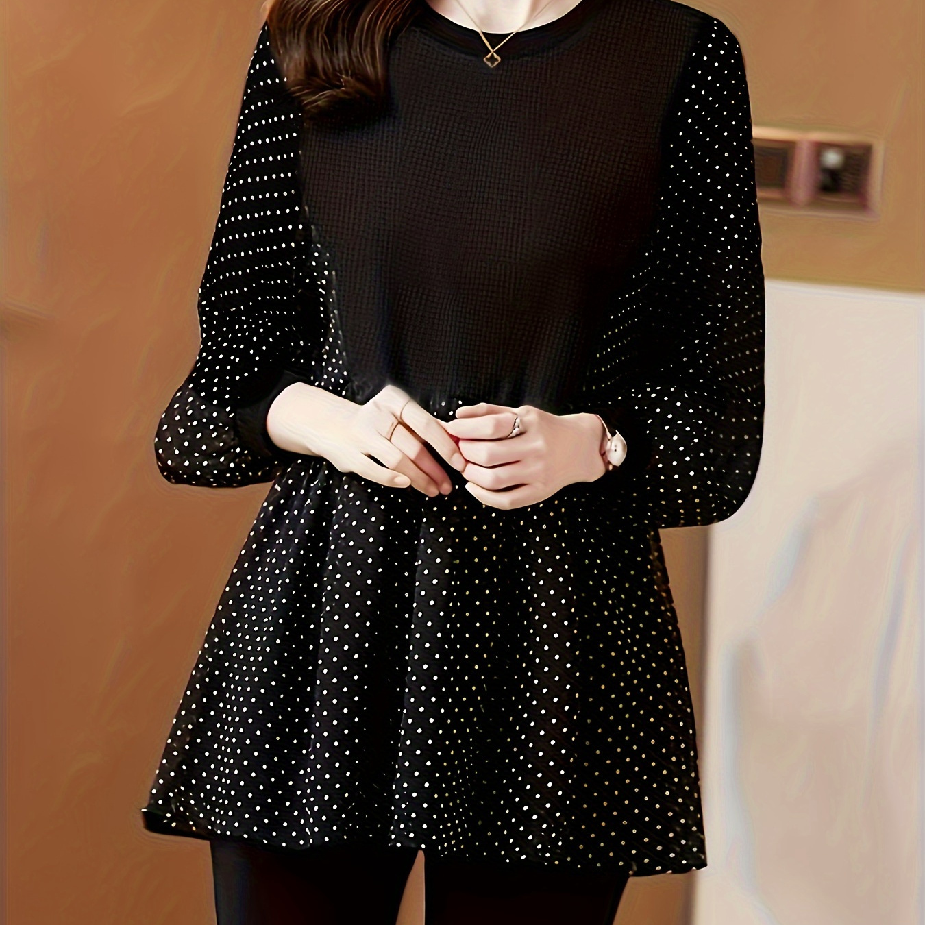 

[ ] Women's Elegant Polka Dot Panel Blouse - Long Sleeve, Round Neck, Hem, Machine Washable, Black & White Polyester Knit Top For Spring/summer