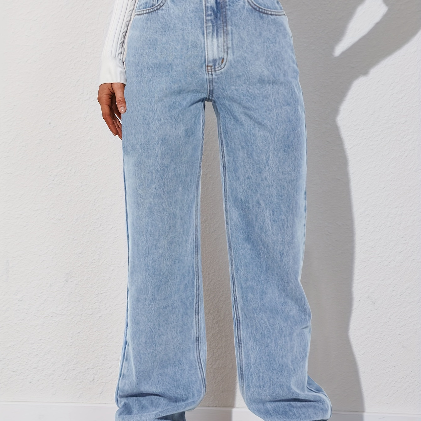 

Women's High-waist Plain Loose-fit Jeans, Versatile Straight-leg Denim Pants, Casual Floor-length Jeans, Basic Style