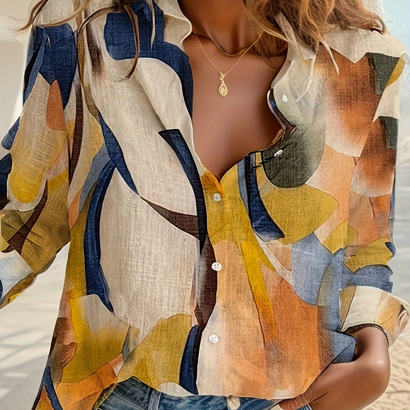 

Elegant Women's V-neck Blouse With Geometric Print - Long Sleeve, Polyester, Machine Washable - All , Middle Style, Outing Occasion,