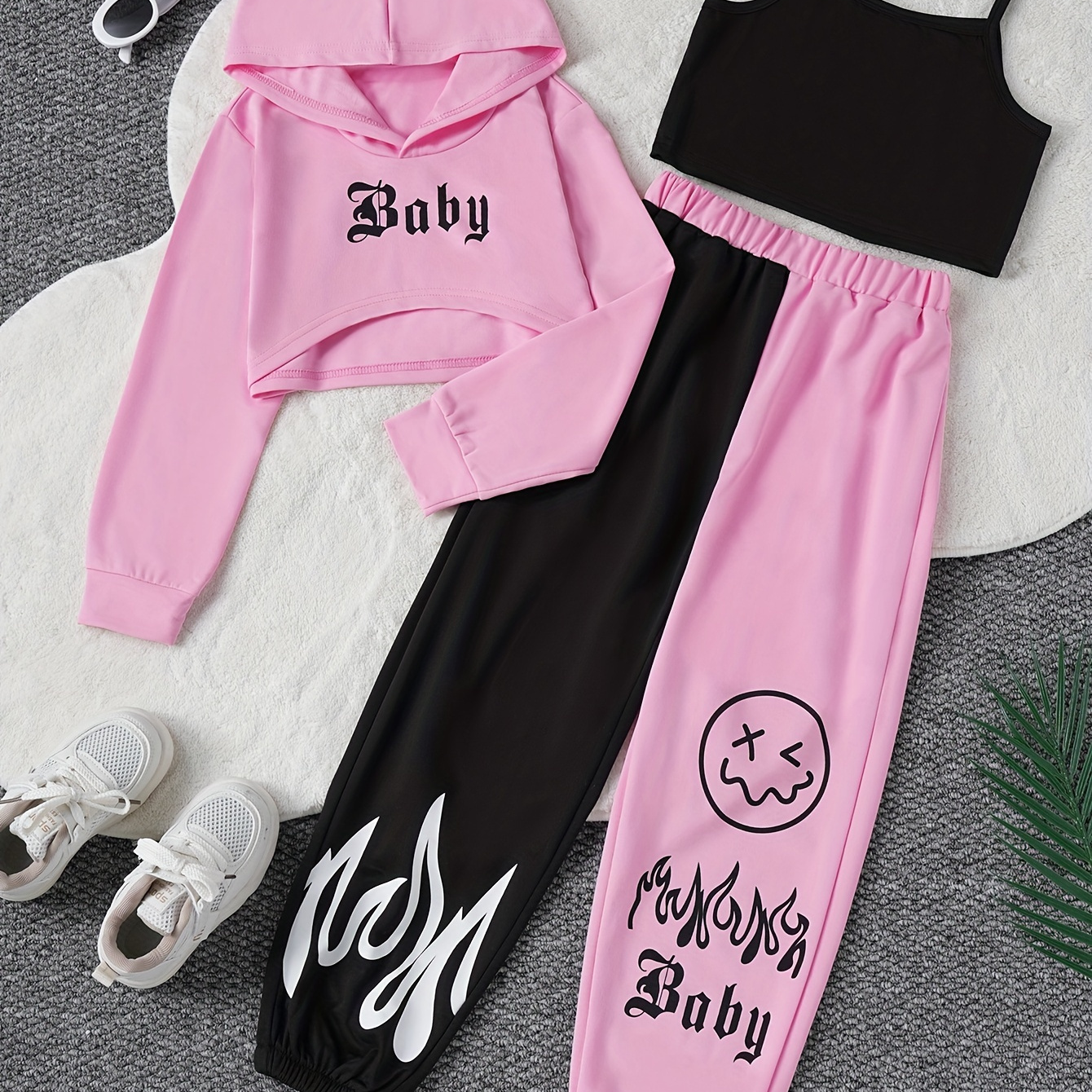 

Color Clash 3pcs Girls Set, Long Sleeve Crop Hoodie Top + Camisole + Trousers - Spring/fall Clothes, Casual Outfit, Gift