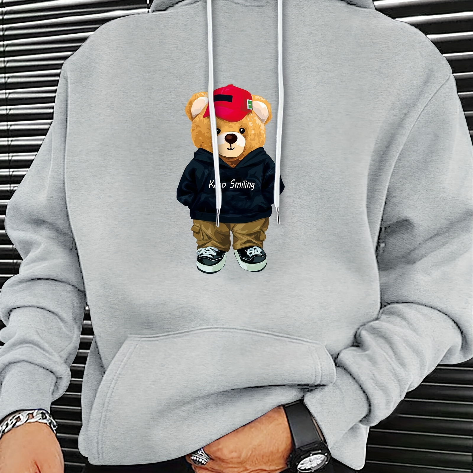 

Stylish Teddy Bear Print Hoodie, Cool Hoodies For Men, Men's Casual Graphic Design Pullover Hooded Sweatshirt With Kangaroo Pocket Streetwear For Winter Fall, As Gifts