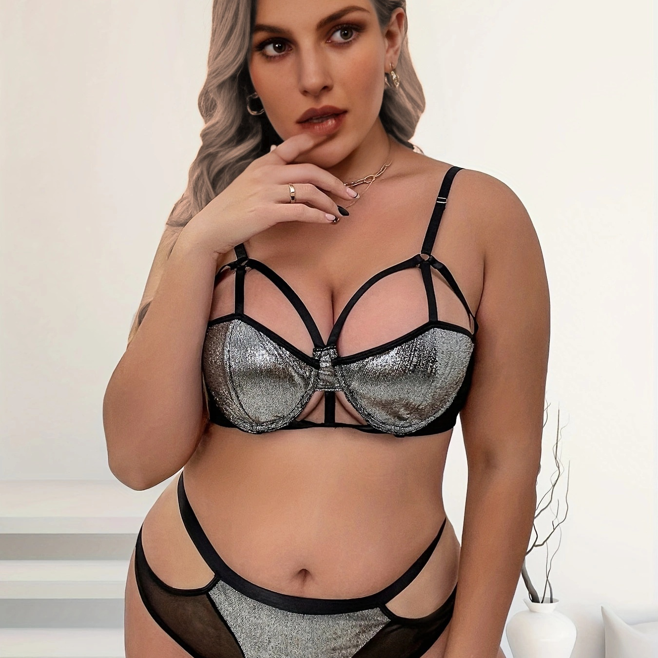 Plus Size Metallic Cut Out Contrast Mesh Bra Panties Set - Temu