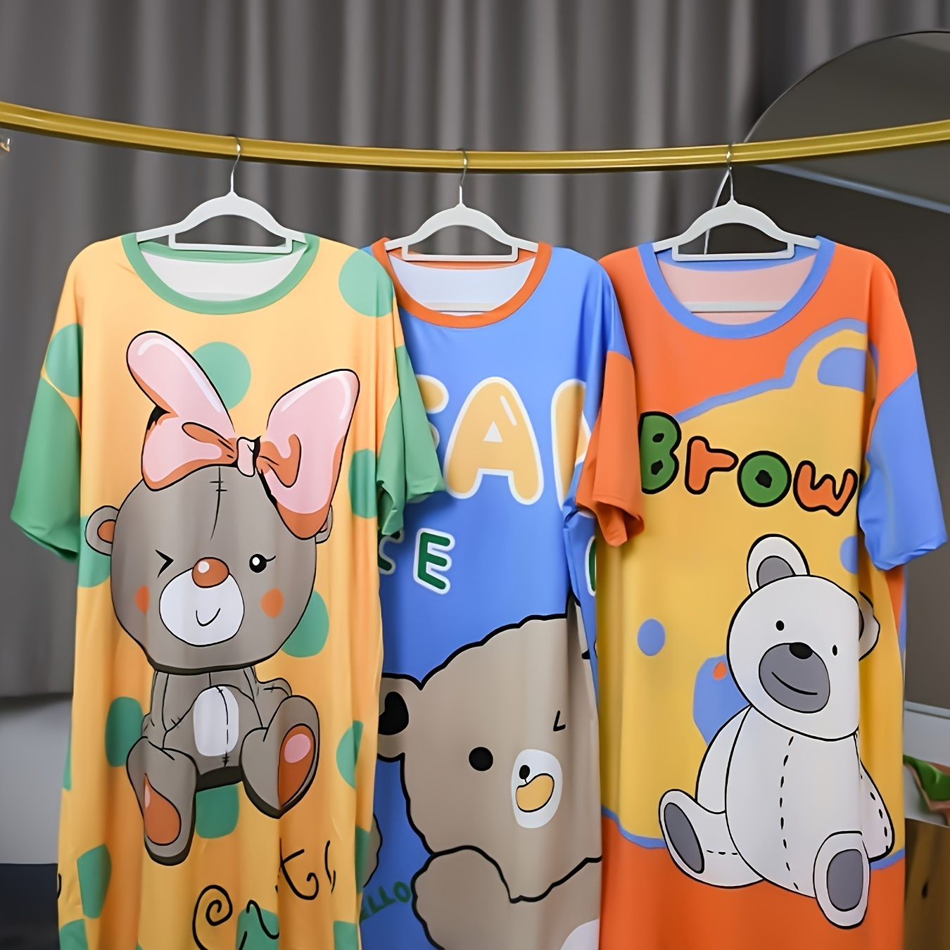 

3 Pcs Women's Cartoon Cute Bow Bear Nightdress Set, Letter Print Nightgowns, Round Neck Drop Shoulder Underwear, Loose Baggy , , Soft Comfortable Sleepwear Breathable Sleepshirt