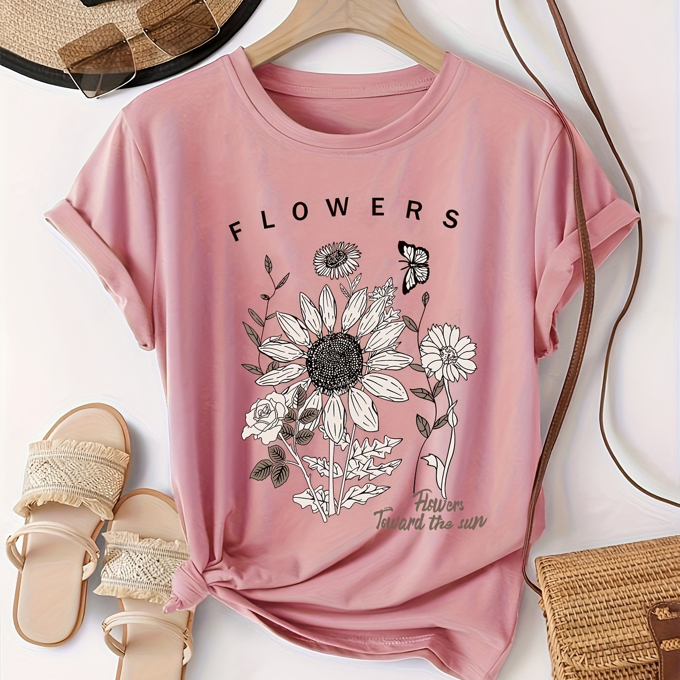 

T-shirt à col rond à imprimé floral, T-shirt décontracté à manches courtes pour le printemps et l'été, Vêtements pour femmes