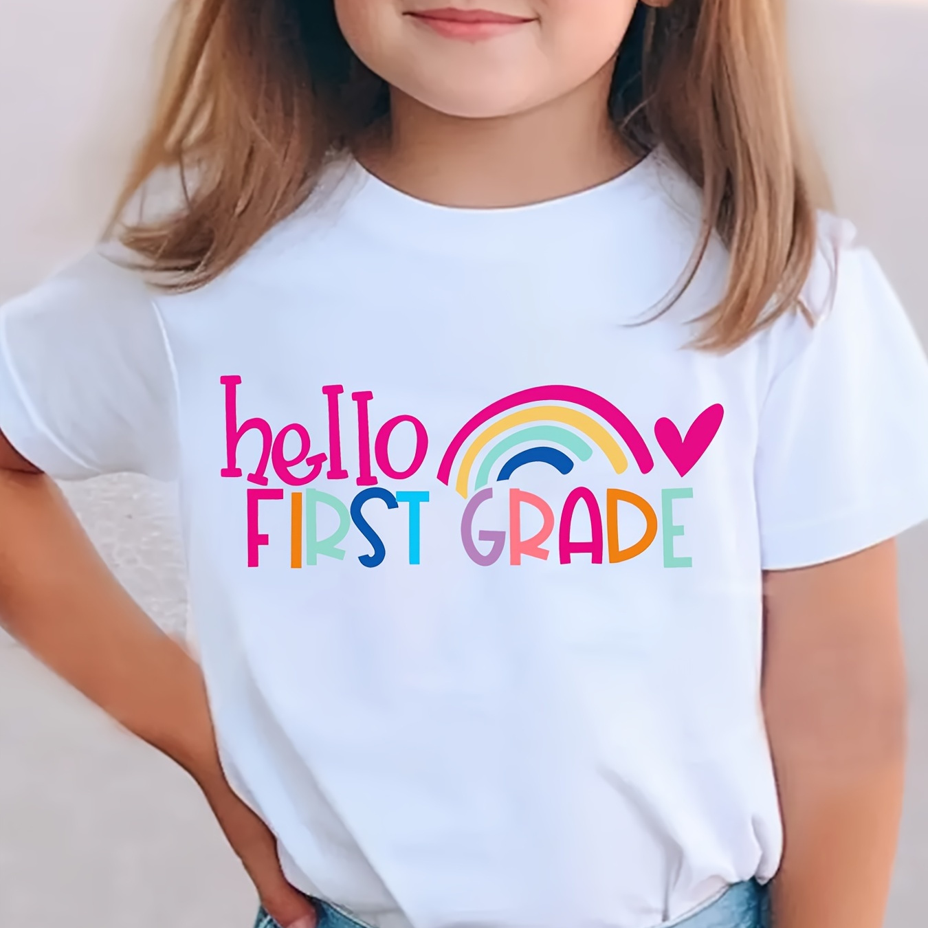 

Hello First Grade Print Creative T-shirts, Soft & Elastic Comfy Crew Neck Short Sleeve Tee, Girl's Summer Tops