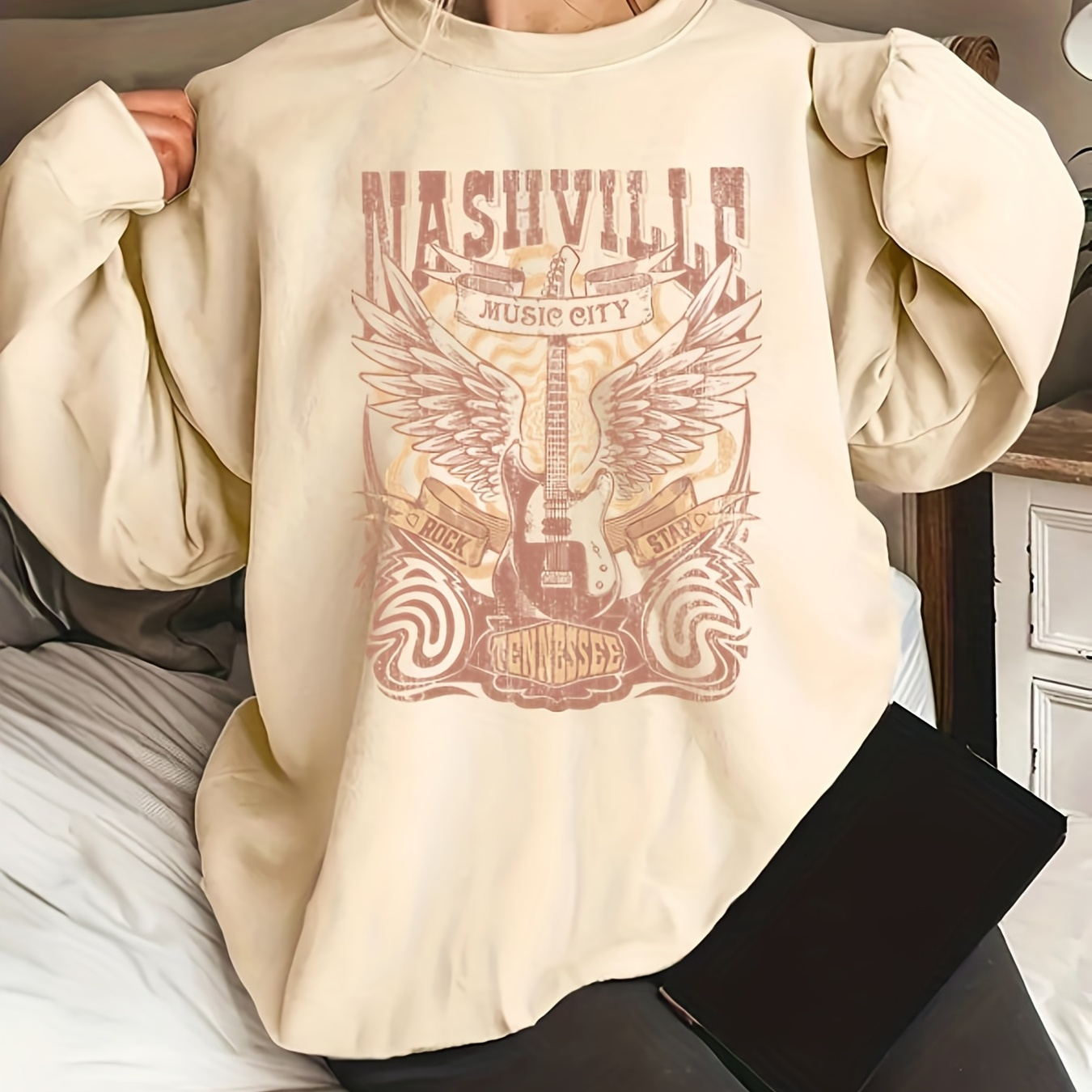 

Plus Size Country Music Casual Sweatshirt, Women's Plus Letter & Guitar & Wings Print Long Sleeve Round Neck Sweatshirt