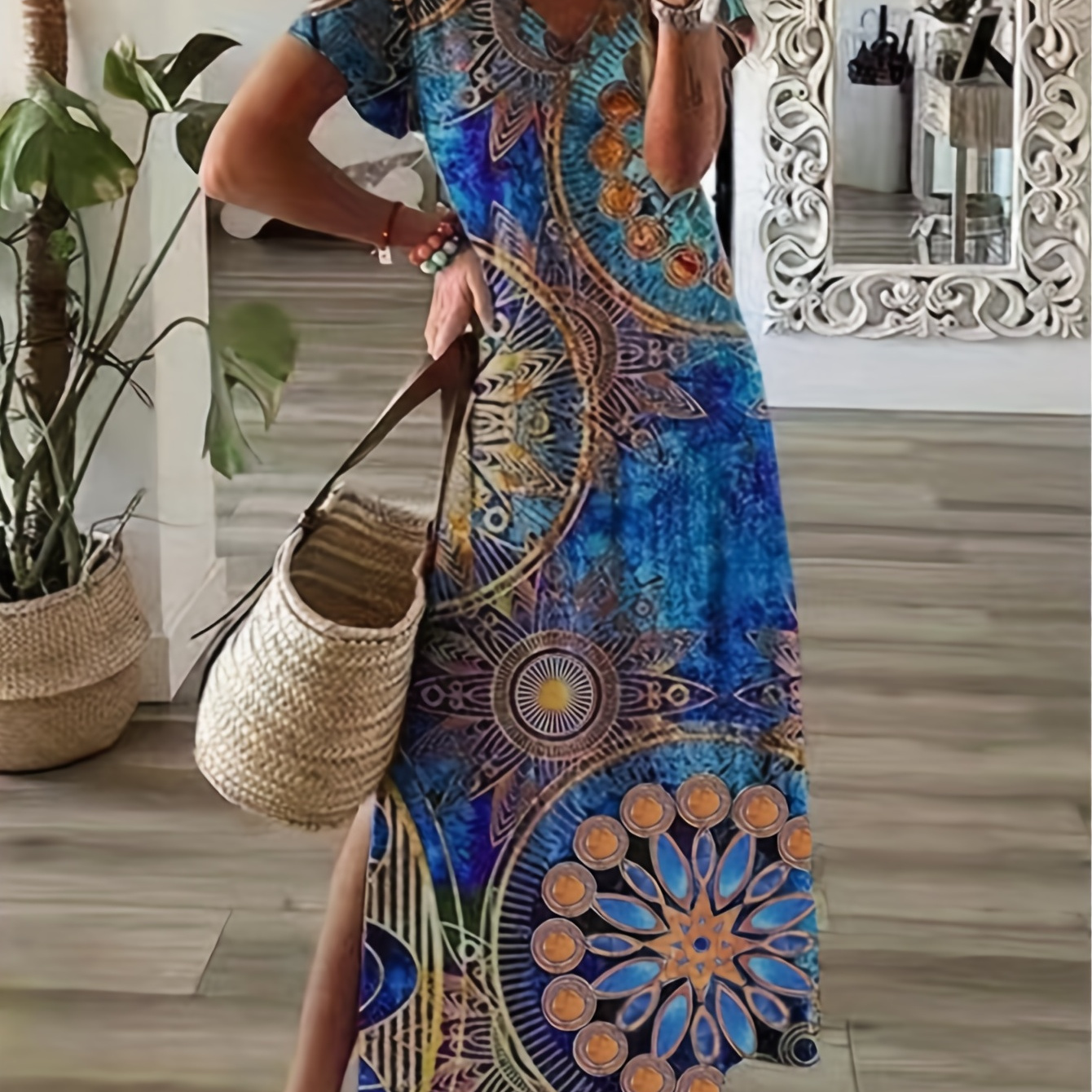 Plus Size Boho Dress Women's Plus Graphic Print Short Sleeve - Temu