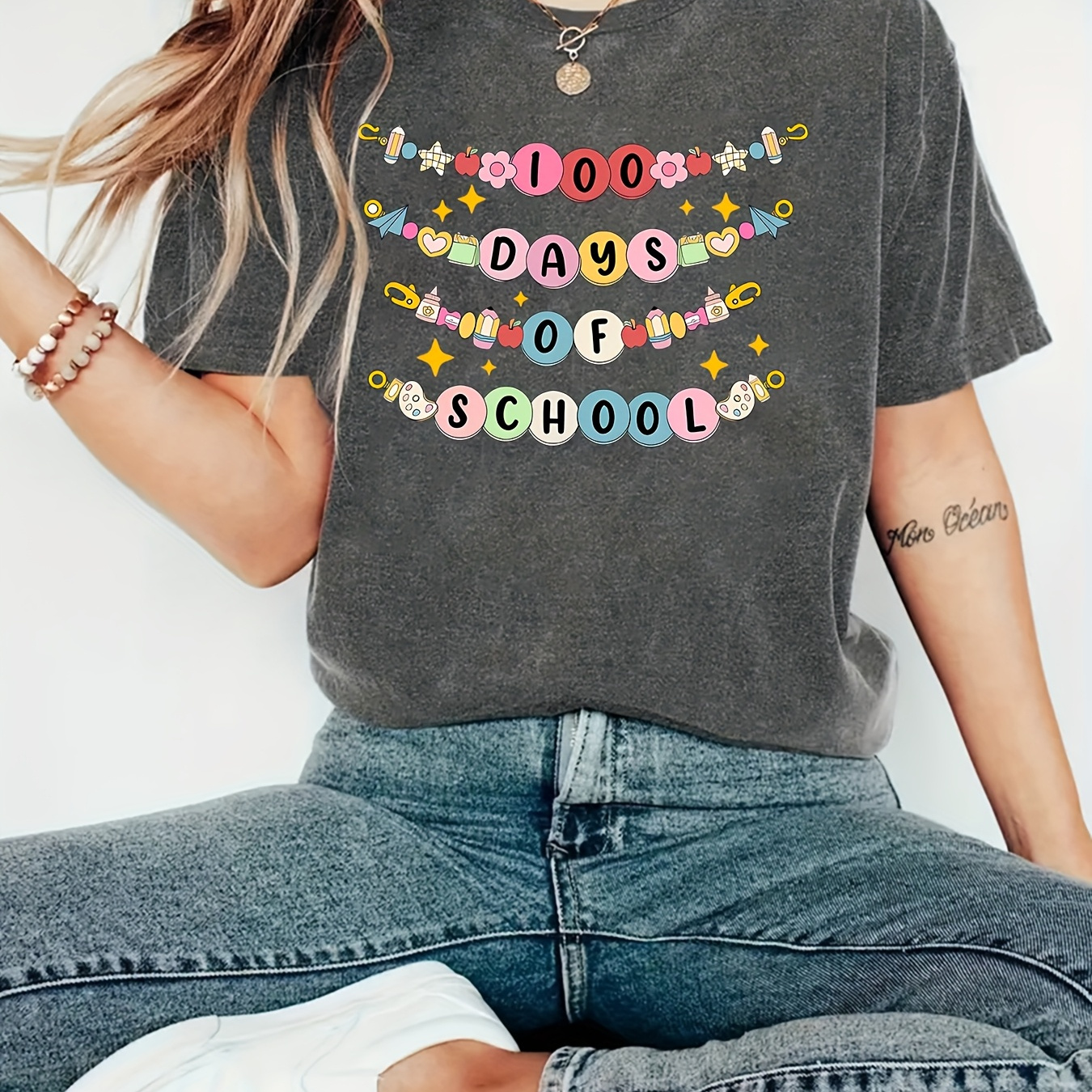 

Summer Fun| Women's " Days Of School" Celebration T-shirt - Gray With Lettering, Short Sleeve Crew Neck, Lightweight Polyester , Machine Washable - Perfect Casual