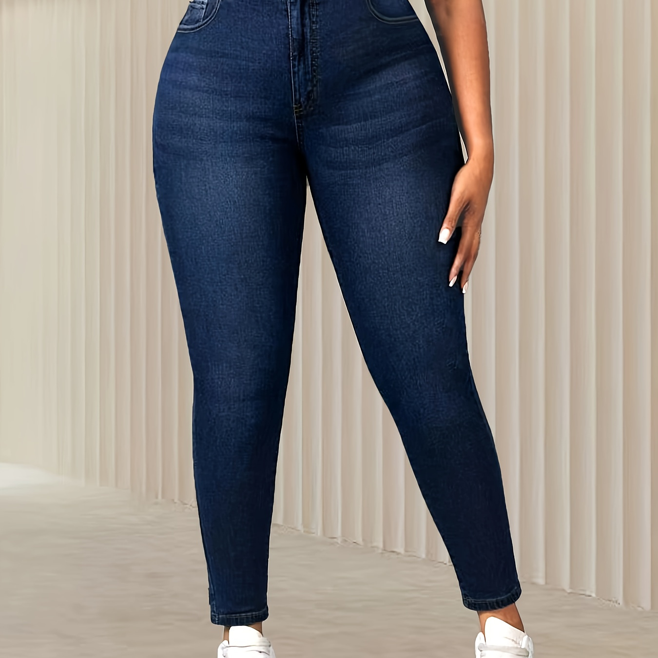 

Elegant High- Jeans For Plus Size - Solid Color, Tight Fit, , Woven, Button Detail, Stretchable Fabric