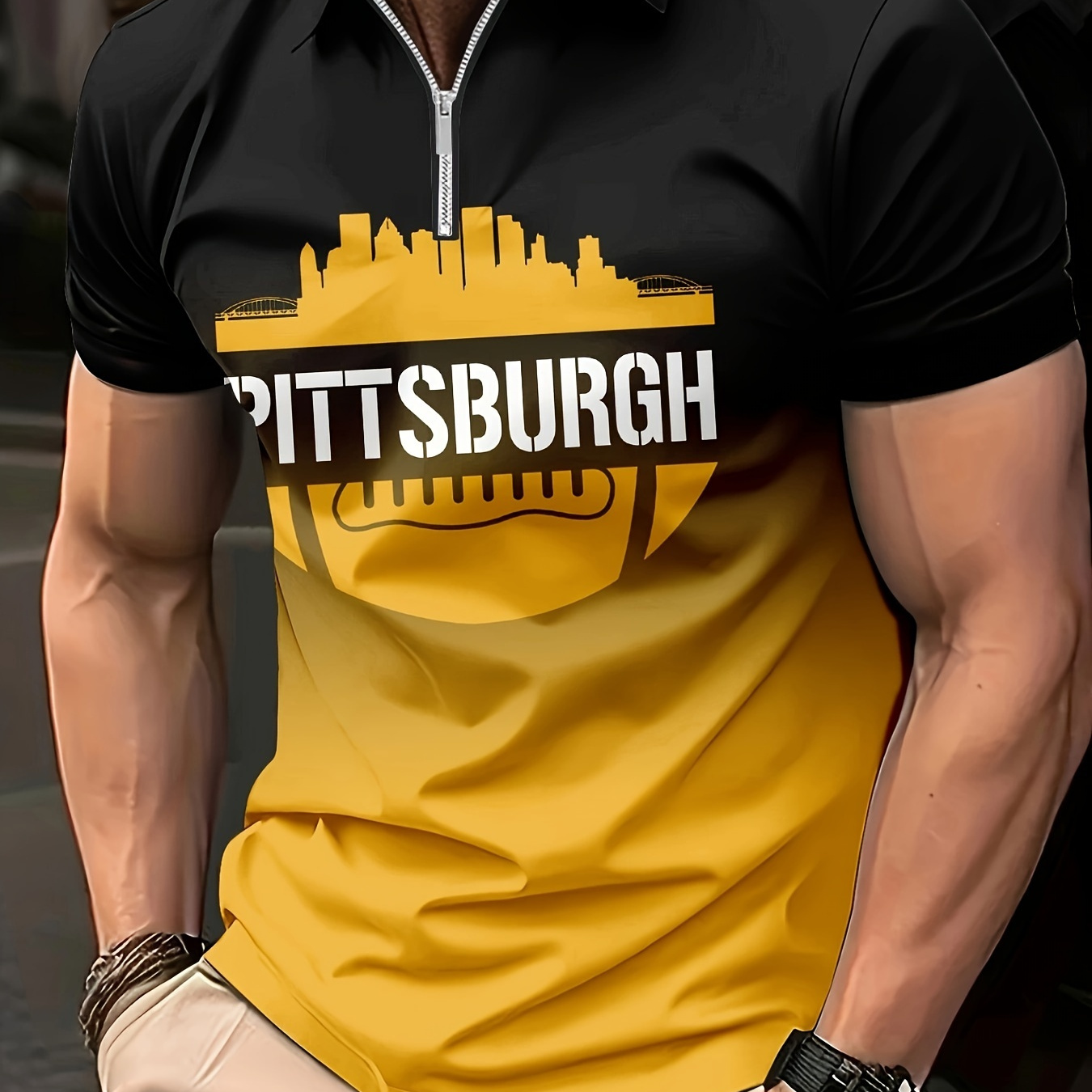 

Men's Gradient Polo Shirt, 100% Polyester Knit Fabric, Slight Stretch, Regular Fit, Zipper Detail, Casual Sports Style, Summer Wear, Pittsburgh Graphic, Weekend Sports Tees