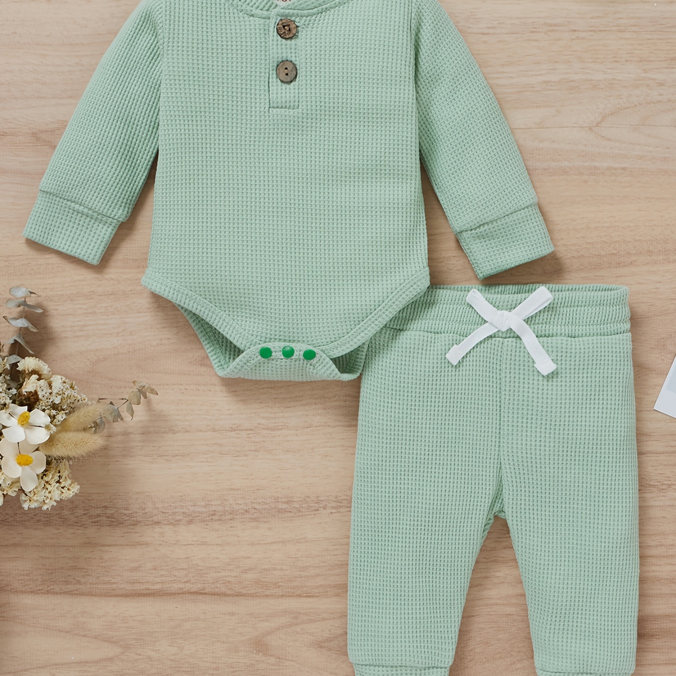 

Baby Boys Girls Waffle Casual Set - 2pcs Long Sleeve Romper & Pants Outfit Clothes