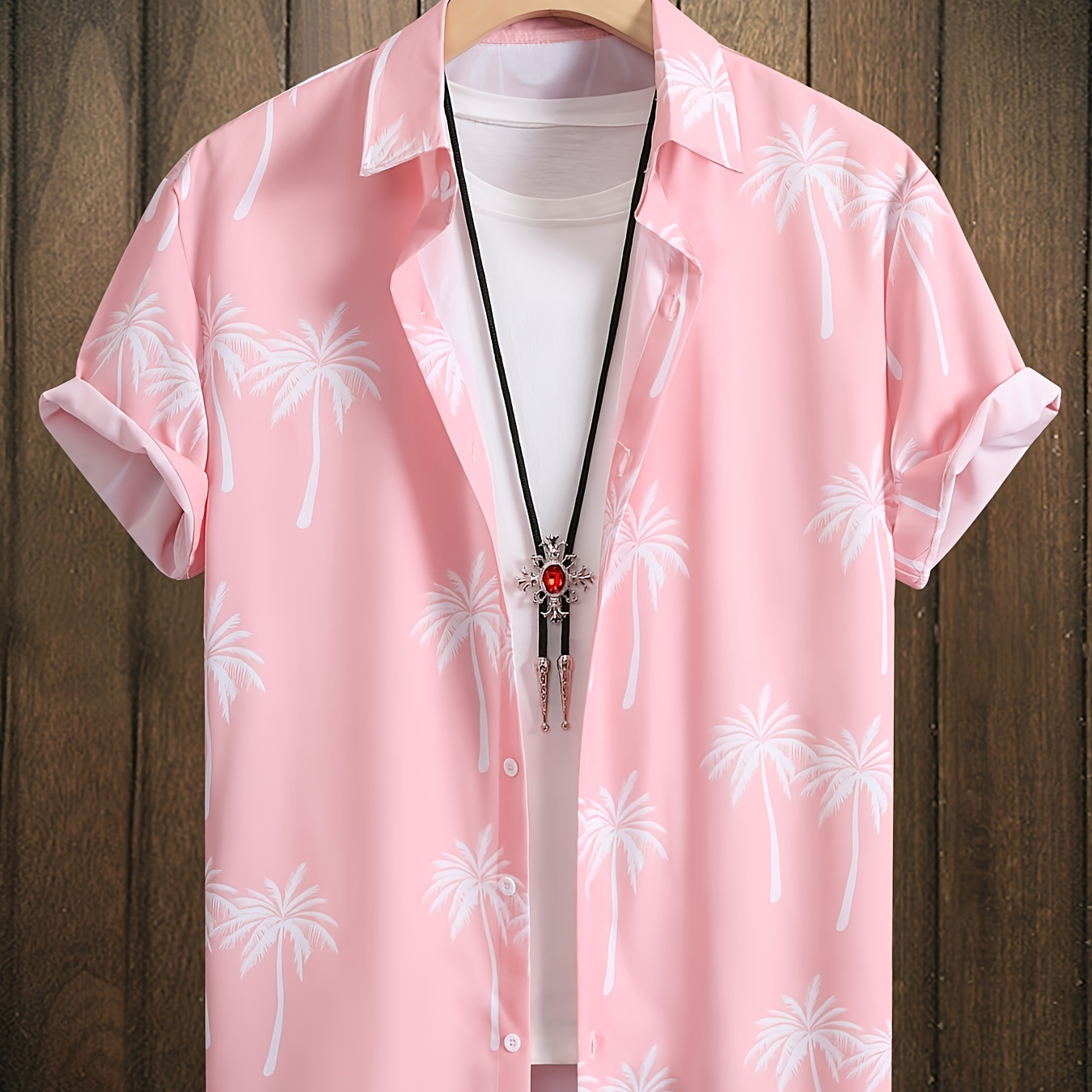 

Men's Fashion Pink With White Palm Tree Print Short-sleeve Button-down Shirt, Summer Beach Style, Relaxed Fit Soft Fabric Hawaiian Top