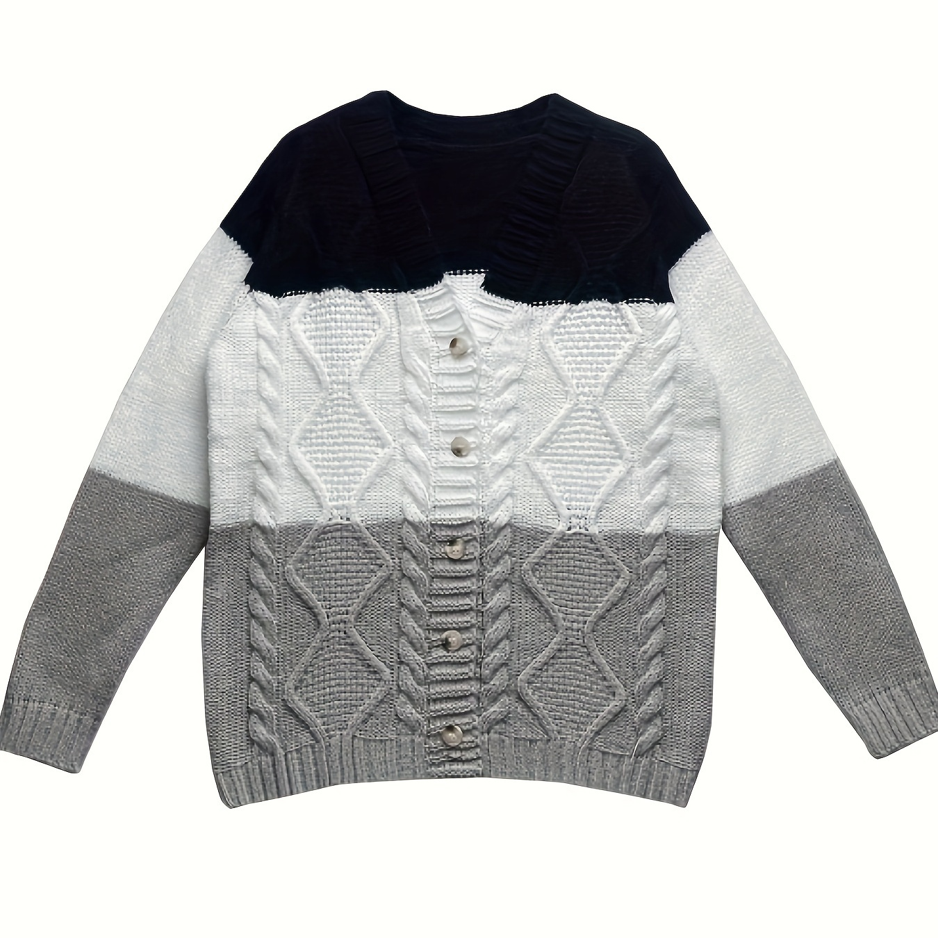 

Color Block Button Front Cable Knit Cardigan, Casual Long Sleeve Sweater Outerwear, Women's Clothing