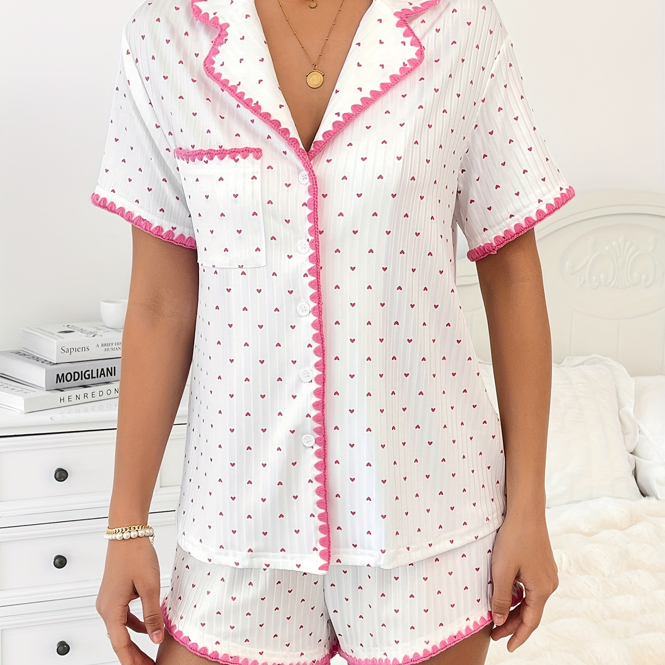 

Heart Print Ribbed Applique Pajama Set, Sweet Short Sleeve Buttons Lapel Top & Elastic Shorts, Women's Sleepwear