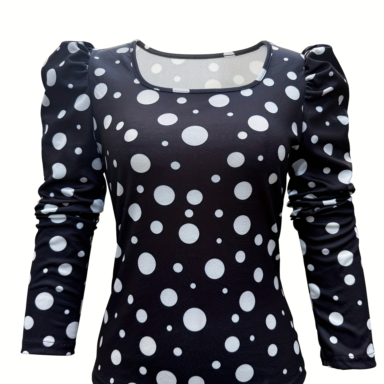 

Elegant Women's Polka Dot T-shirt With Puff Sleeves - Square Neck, Semi-sheer, Stretchy Polyester , Machine Washable - Spring & Fall