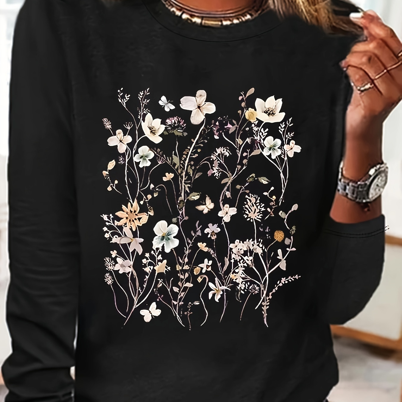 

T-shirt à col rond à imprimé floral, T-shirt décontracté à manches longues pour le printemps et l'automne, Vêtements pour femmes