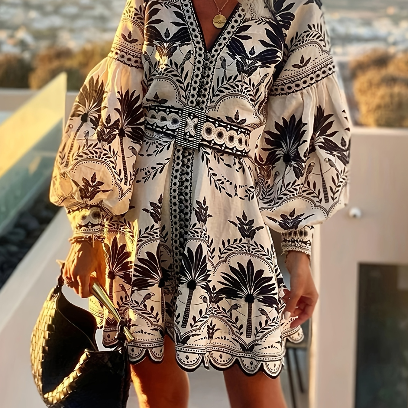 

Chic Long Sleeve Women's Dress - Vibrant Floral & Geometric Print, V-neck With Tie Waist, Lightweight Polyester , Ideal For Spring/summer Vacations