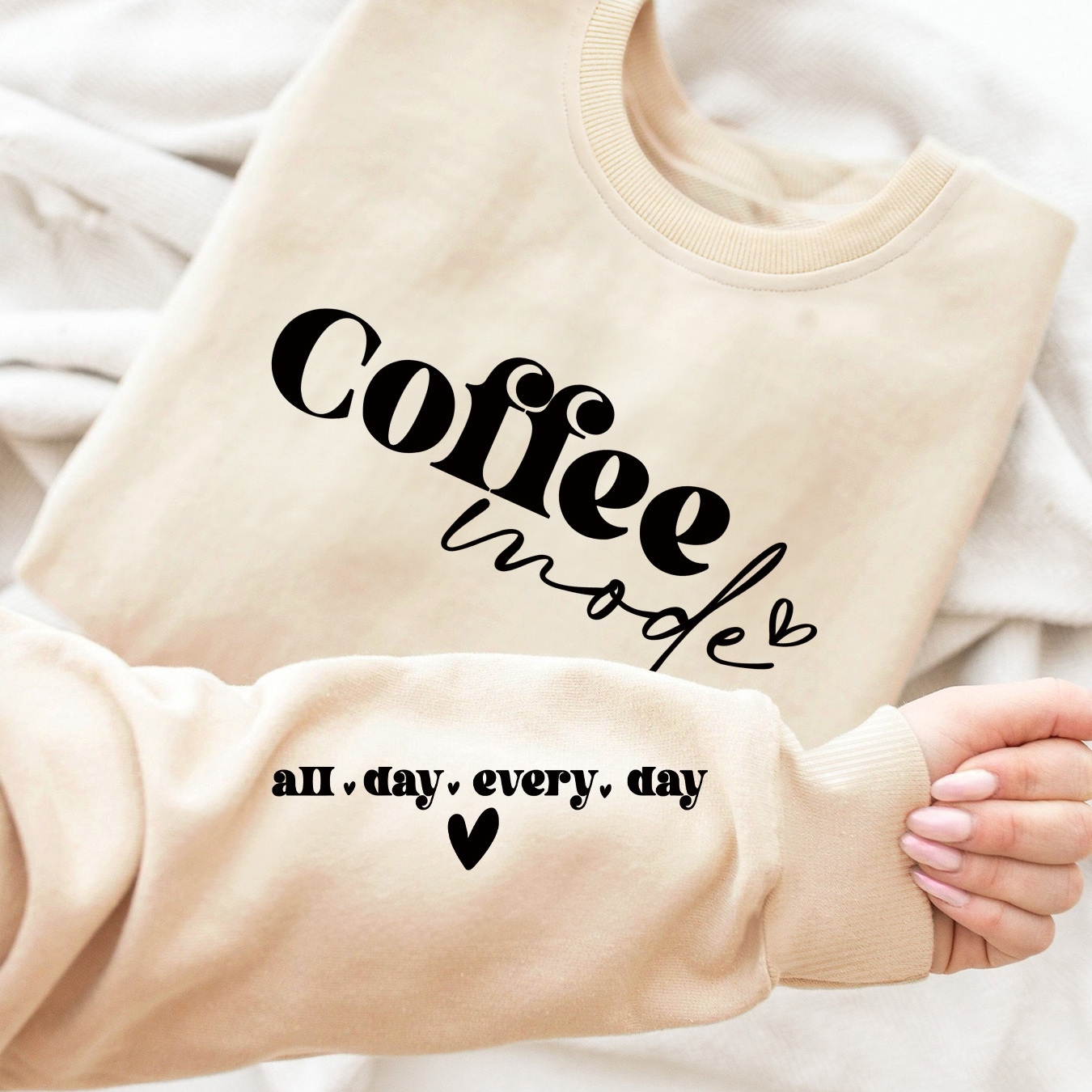 

Coffee Print Graphic Pullover Sweatshirt For Women, Casual Crew Neck Long Sleeve, 100% Polyester Knit Fabric, Comfort Fit For Spring/fall