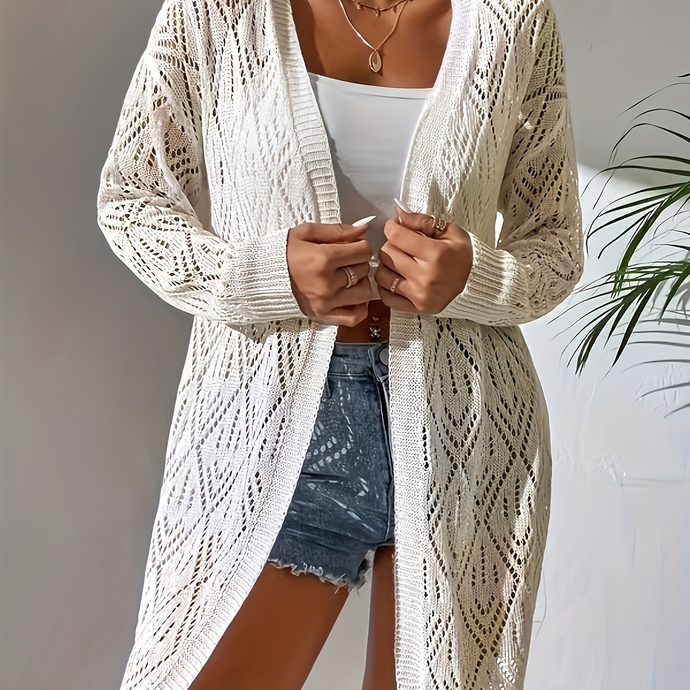 

White Hollow Out Cover Up Shirts, V Neck Long Sleeves Mid Stretch Casual Cardigan, Women's Swimwear & Clothing For Holiday