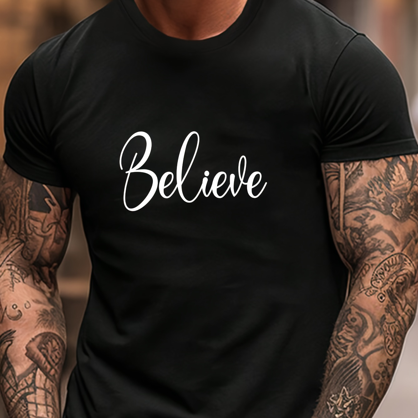 

Letters Print Tops, Plus Size Men's T-shirt, Summer Trendy Casual Short Sleeve Tees, Outdoor Sports Clothing, Big & Tall Guys, Leisurewear