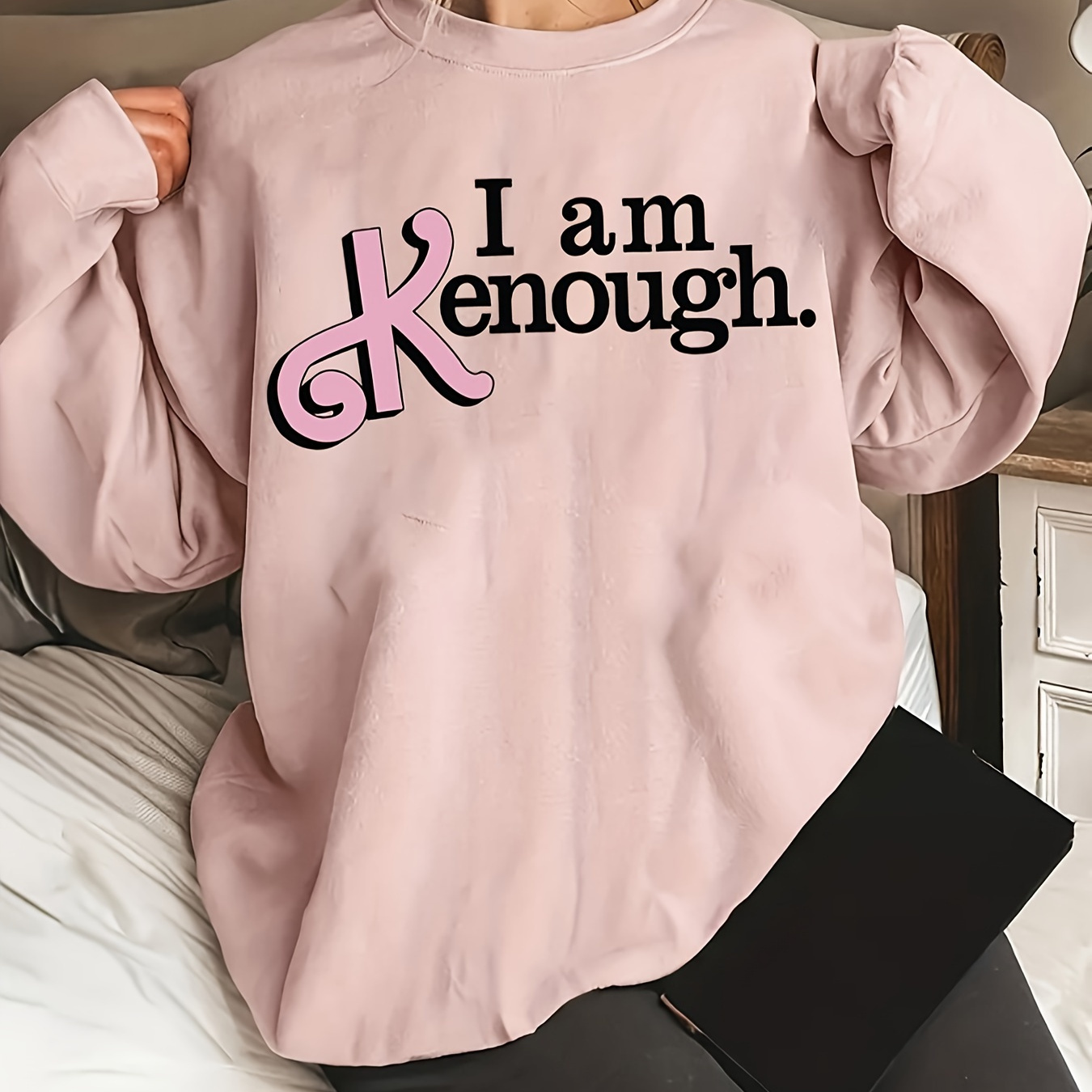 

I Am Kenough Print Sweatshirt, Casual Crew Neck Long Sleeve Sweatshirt, Women's Clothing