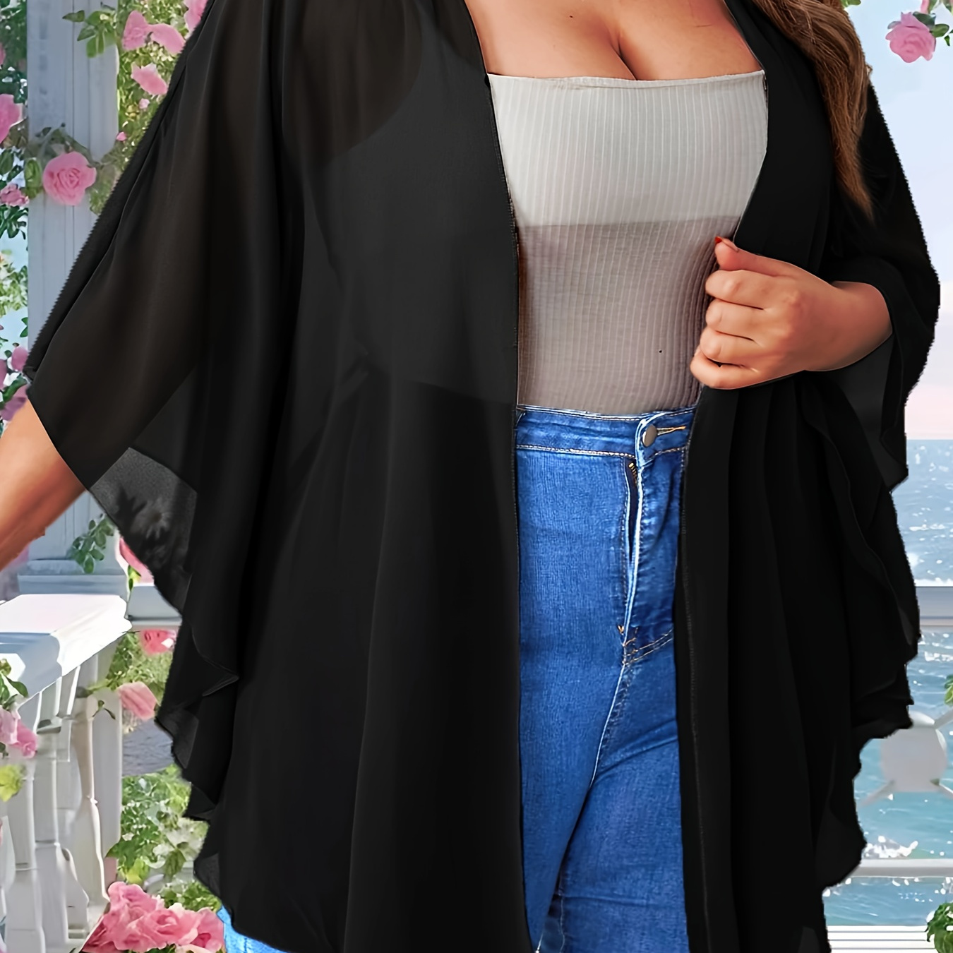 

Plus Size Solid Open Front Blouse, Casual Batwing Sleeve Blouse For Spring, Women's Plus Size clothing
