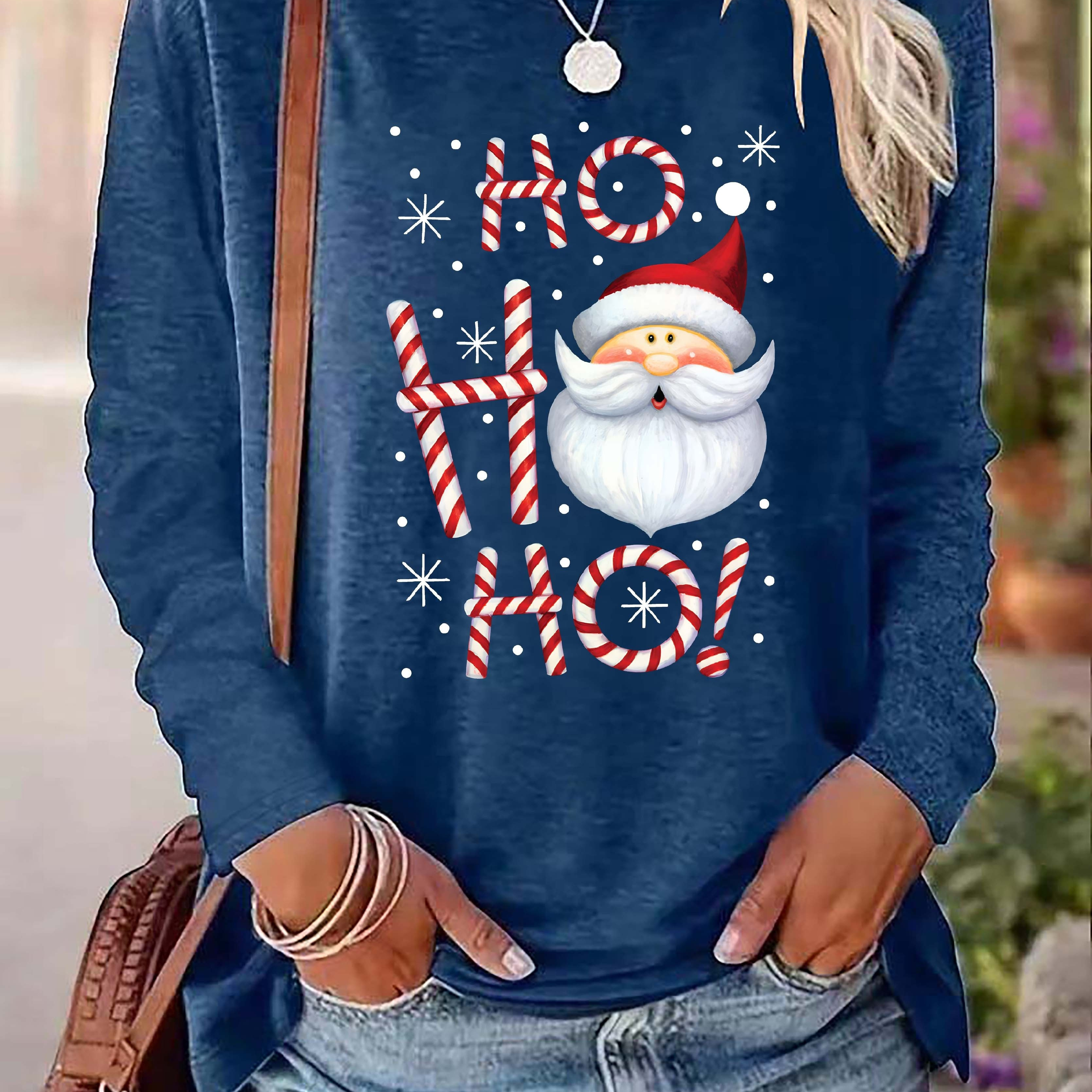 

T-Shirt De Noël Imprimé Père Noël Et Lettres, Haut Décontracté À Manches Longues Pour Le Printemps Et L'automne, Vêtements Pour Femmes