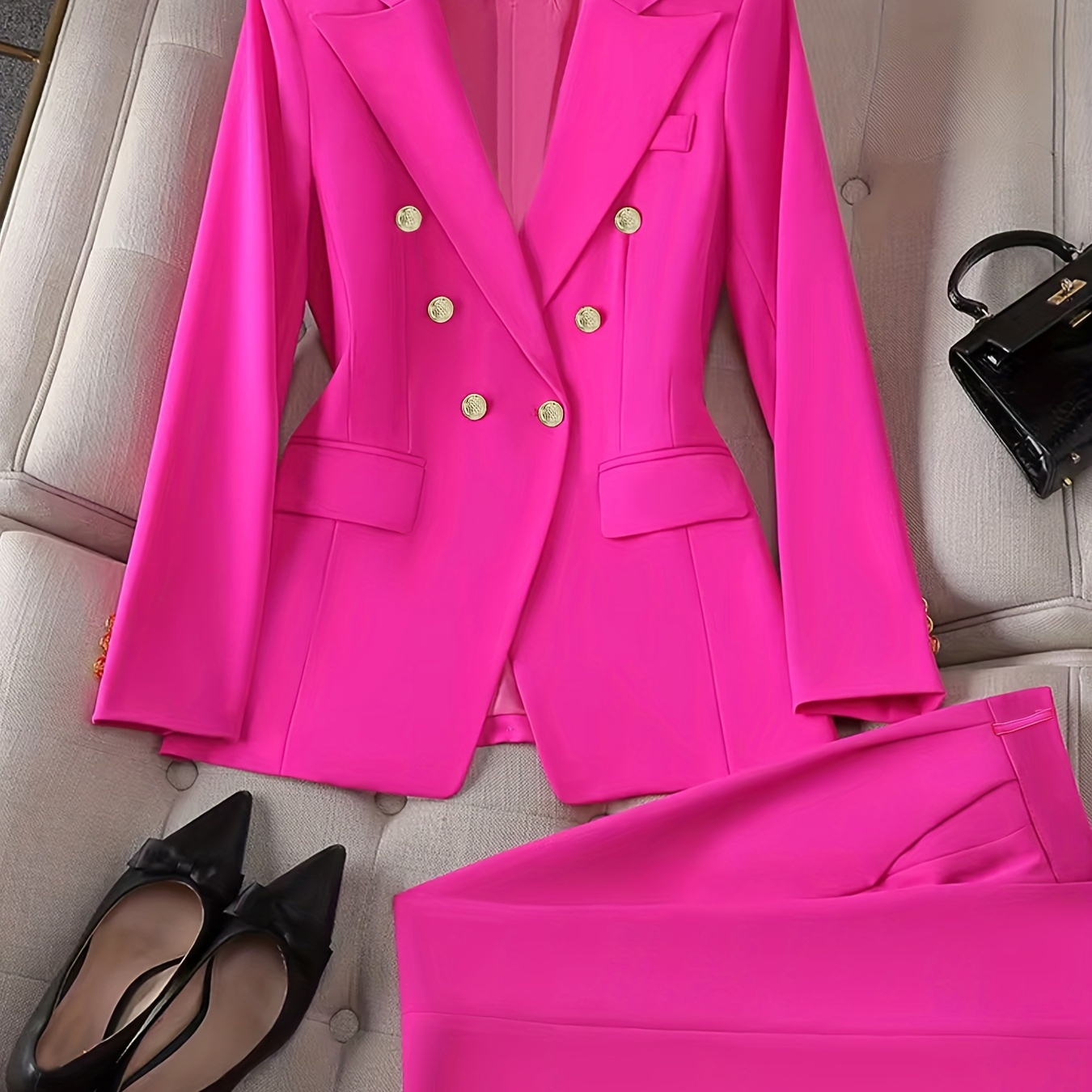 

Solid Color Shawl Collar Office Work Pantsuits, Elegant Double-breasted Fake Dual Pockets Blazer & Slim Pants Outfits, Women's Clothing