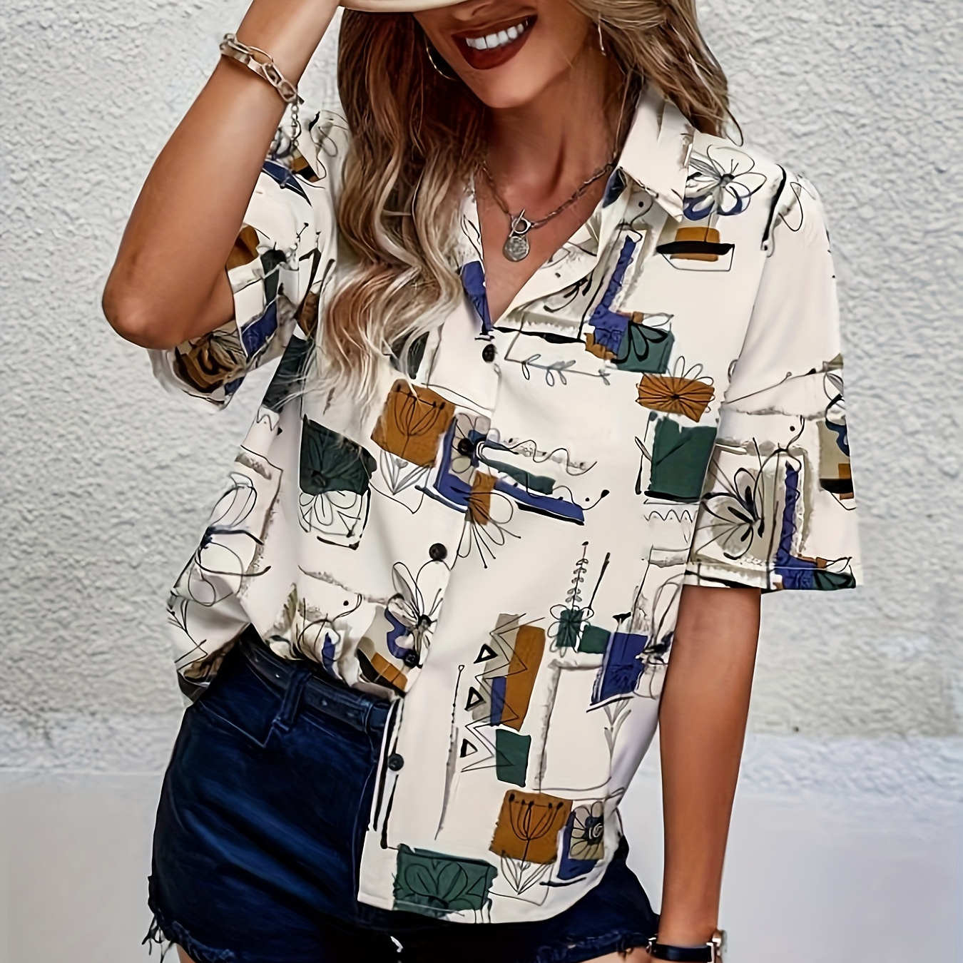 

Allover Print Button Front Shirt, Casual Short Sleeve Lapel Shirt For Vacation, Women's Clothing