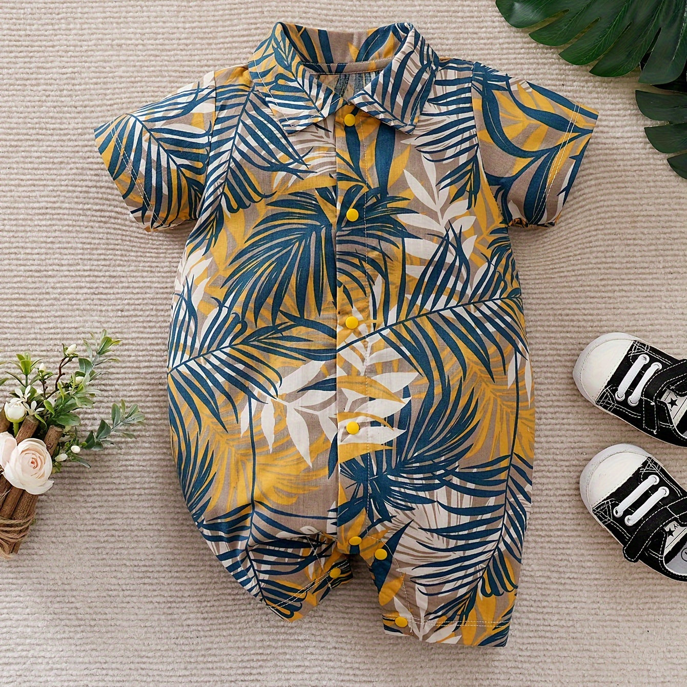 

Infant's Vacation Style Tropical Plant Print Bodysuit, Comfy Cotton Short Sleeve Onesie, Baby Boy's Clothing, As Gift