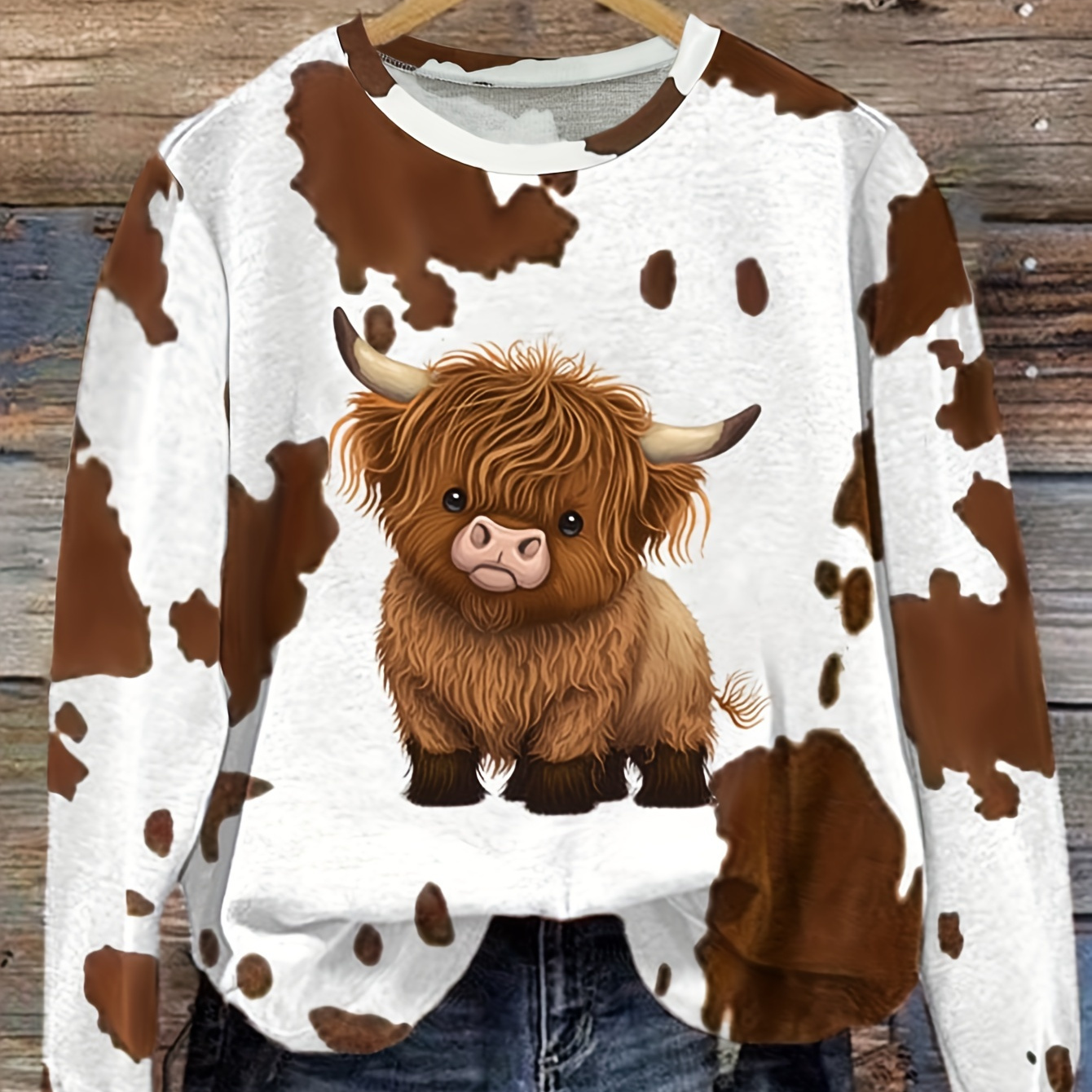 

Sweatshirt femme Highland Cow vintage - Tissu polyester tricoté, Hoodie décontracté avec col rond et motif animalier, Collection automne/hiver