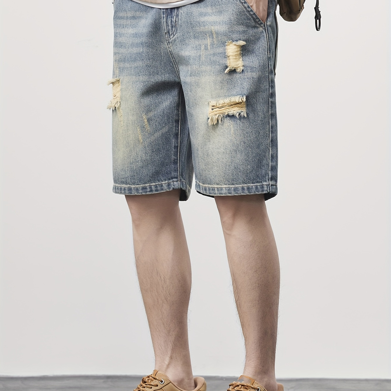 

Men's Loose Solid Ripped Denim Shorts With Pockets, Casual Cotton Blend Jorts For Outdoor Activities, Bermuda Shorts