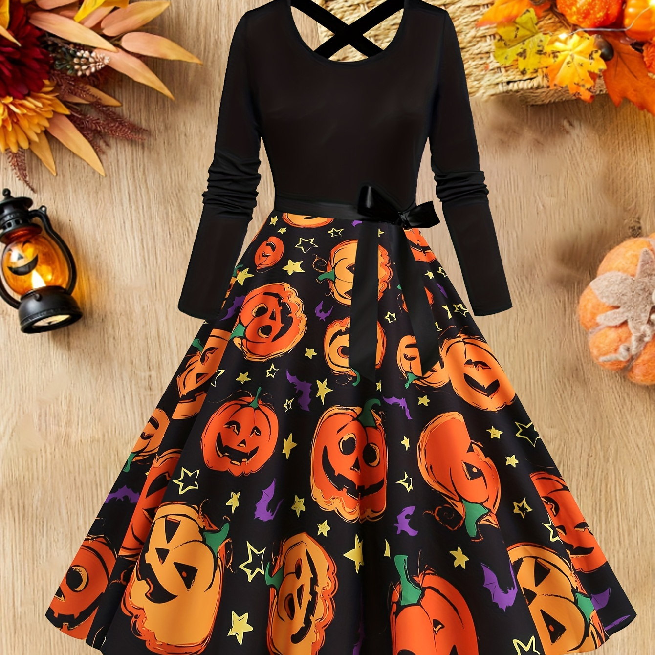 

Vintage Themed Dress With Crossbody Top, Long Sleeves, And Flared A-line Skirt, Polyester Knit Fabric, Round Neck, Tie Detail, Pumpkin And Skeleton Print, Adult Fall/winter Collection