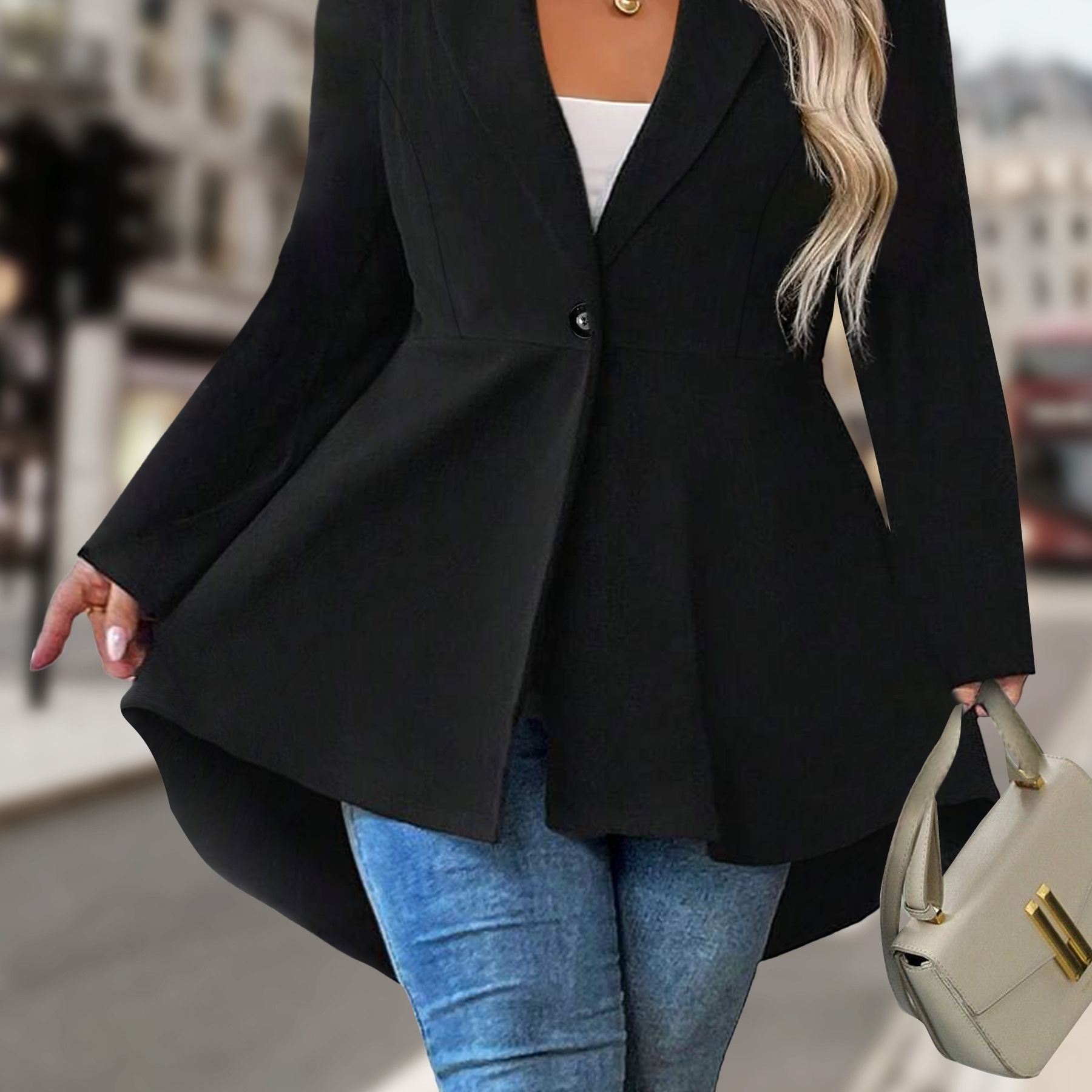 

Plus Size Solid Single-breasted Blazer, Elegant Lapel Collar Long Sleeve Blazer For Office & Work, Women's Plus Size Clothing
